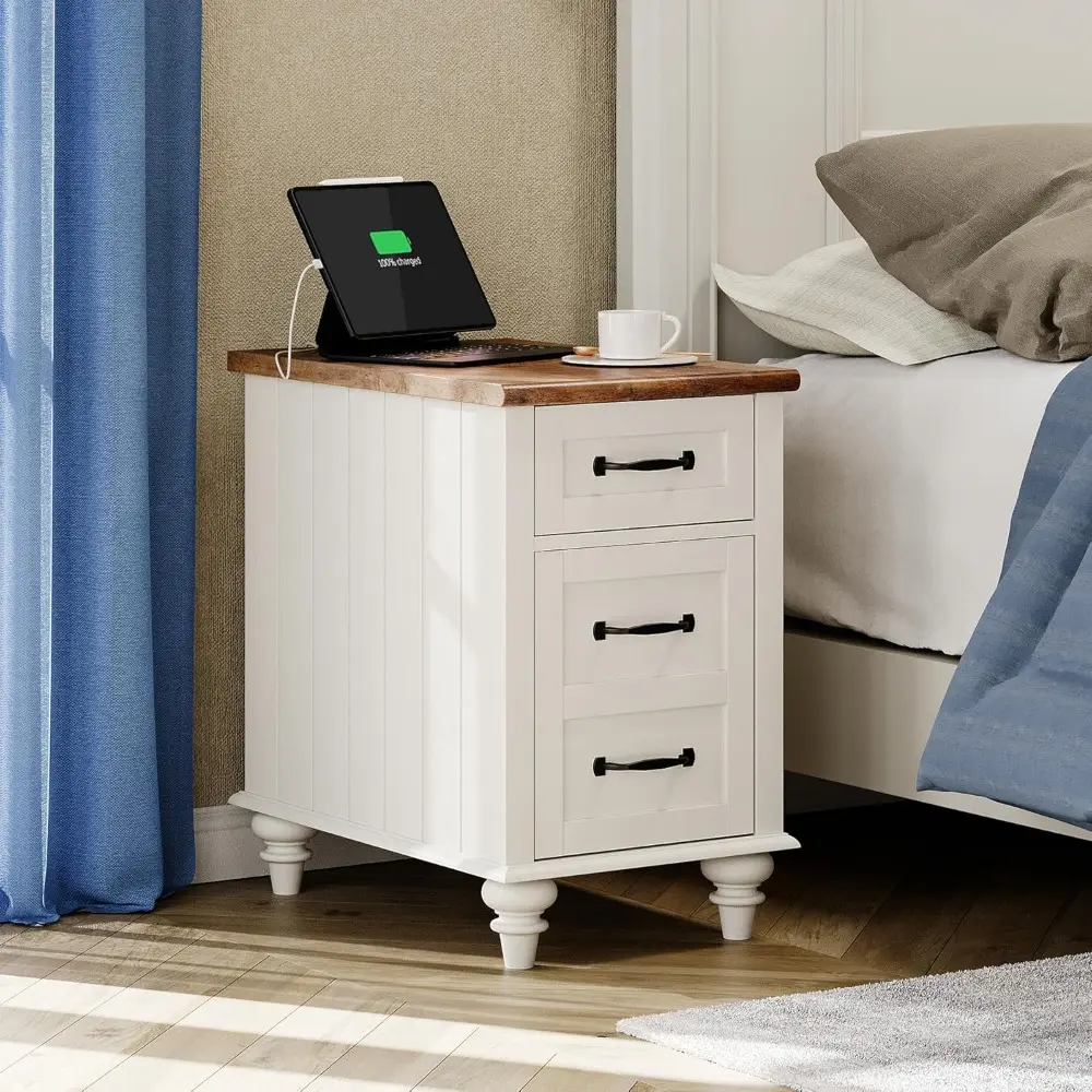 "2-piece white end table set with charging ports, wooden sofa side table with drawer and storage, contemporary nightstand"