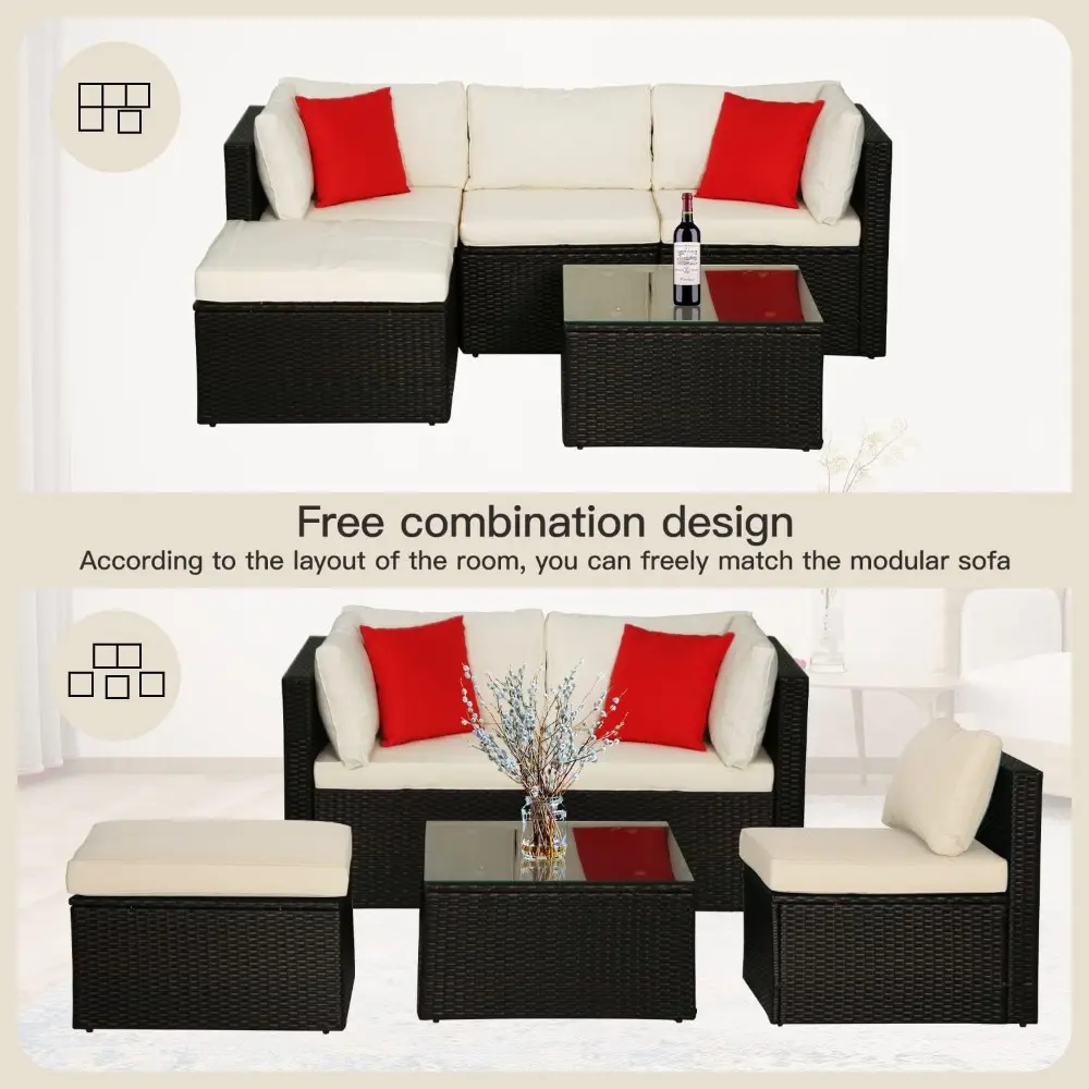outdoor patio furniture set: 5-piece wicker sectional sofa with red pillows for conversation area