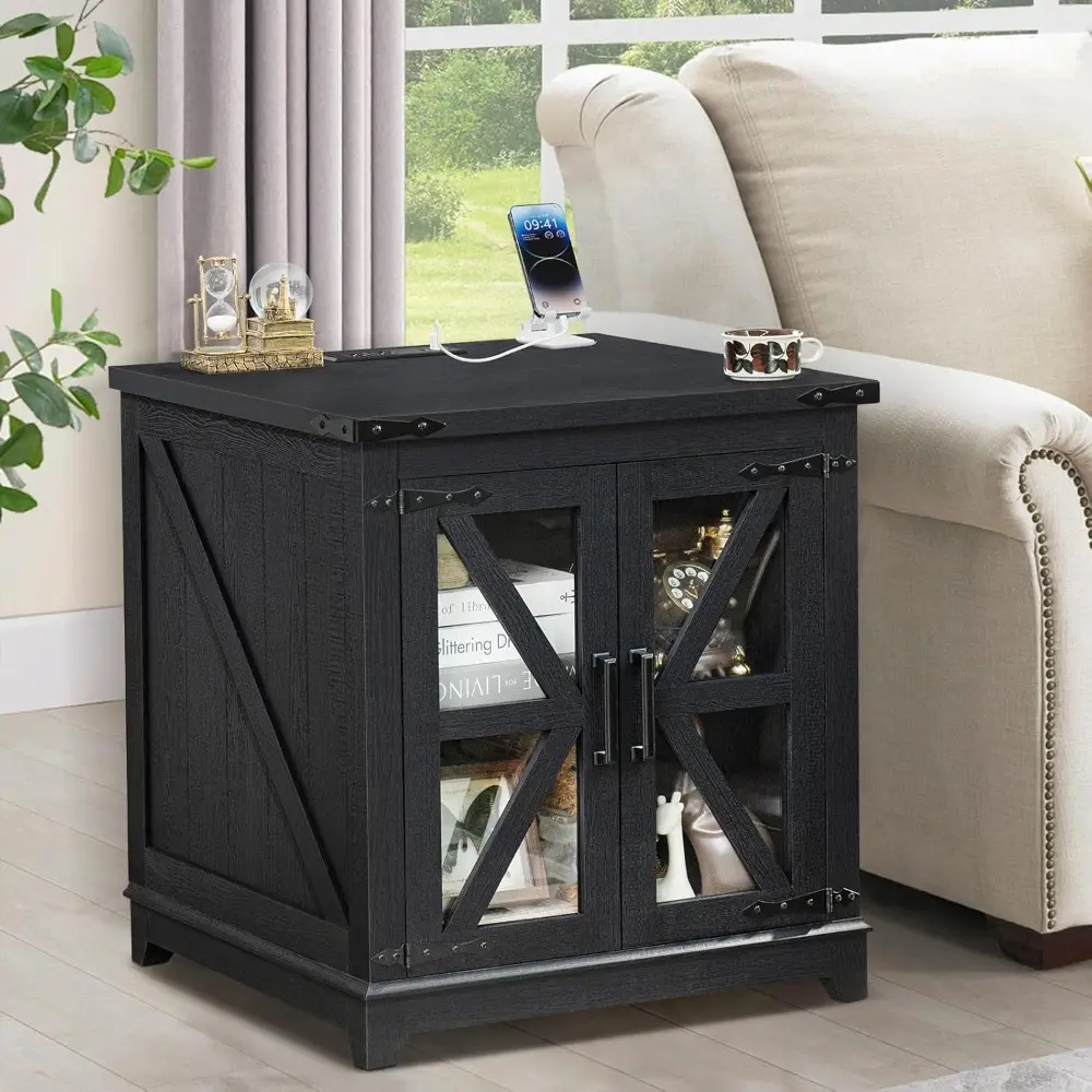 pair of farmhouse style end tables, 24-inch sofa side table with charging port, glass barn door accent, adjustable wood nightsta