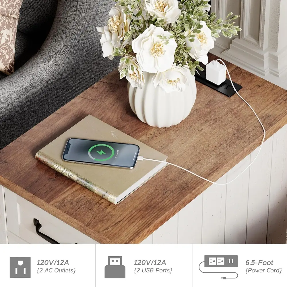 "2-piece white end table set with charging ports, wooden sofa side table with drawer and storage, contemporary nightstand"