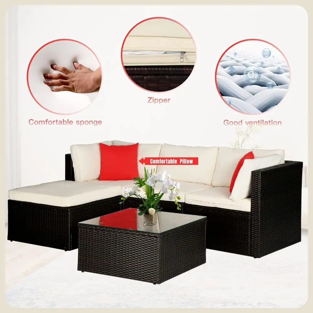 outdoor patio furniture set: 5-piece wicker sectional sofa with red pillows for conversation area