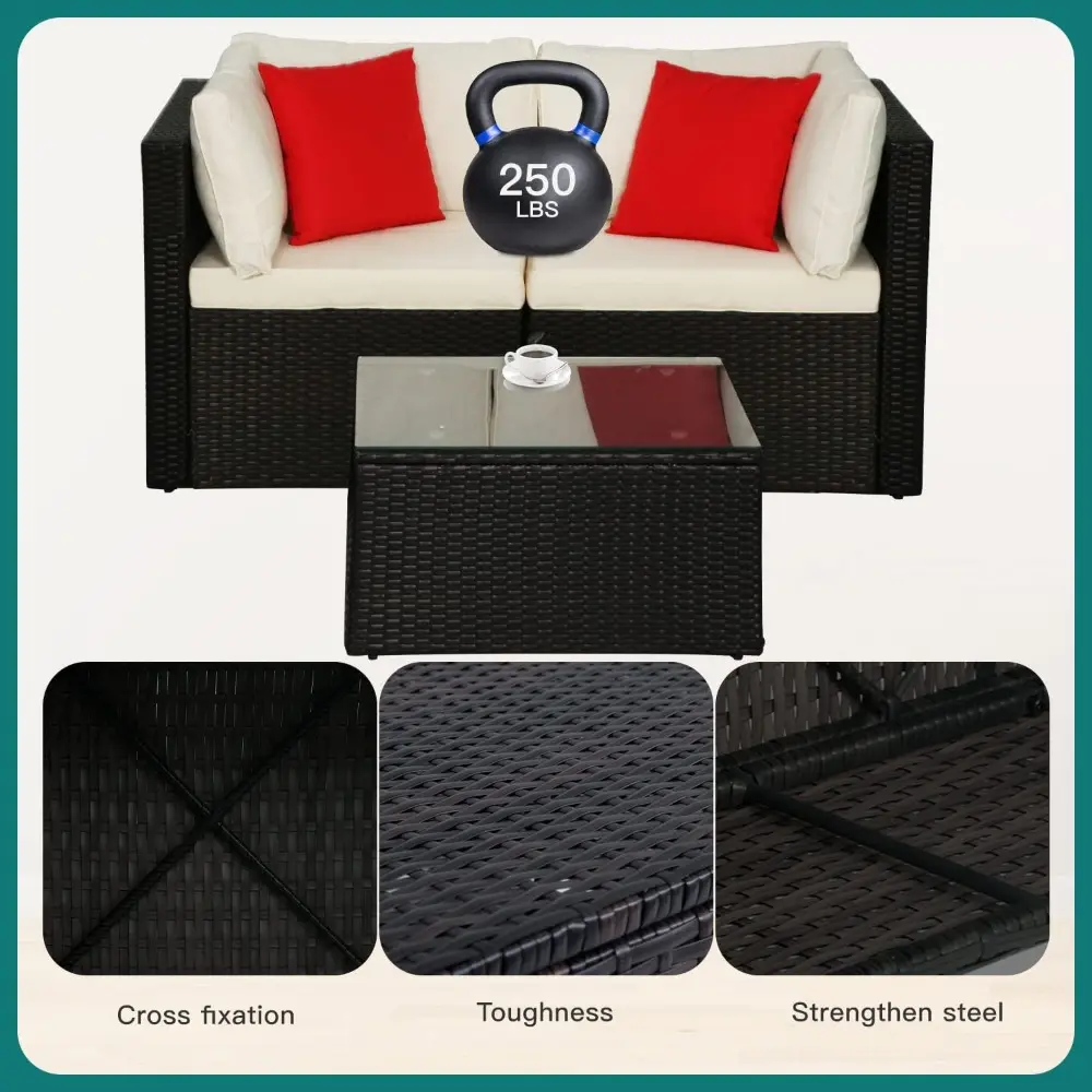 outdoor patio furniture set: 5-piece wicker sectional sofa with red pillows for conversation area