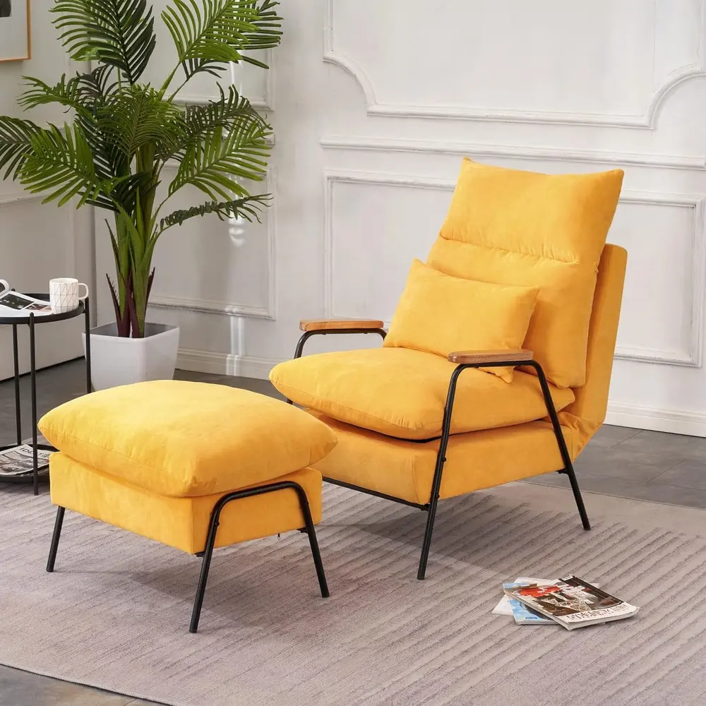 "contemporary linen-clad reclining chair with ottoman, plush sofa bed for compact living spaces"