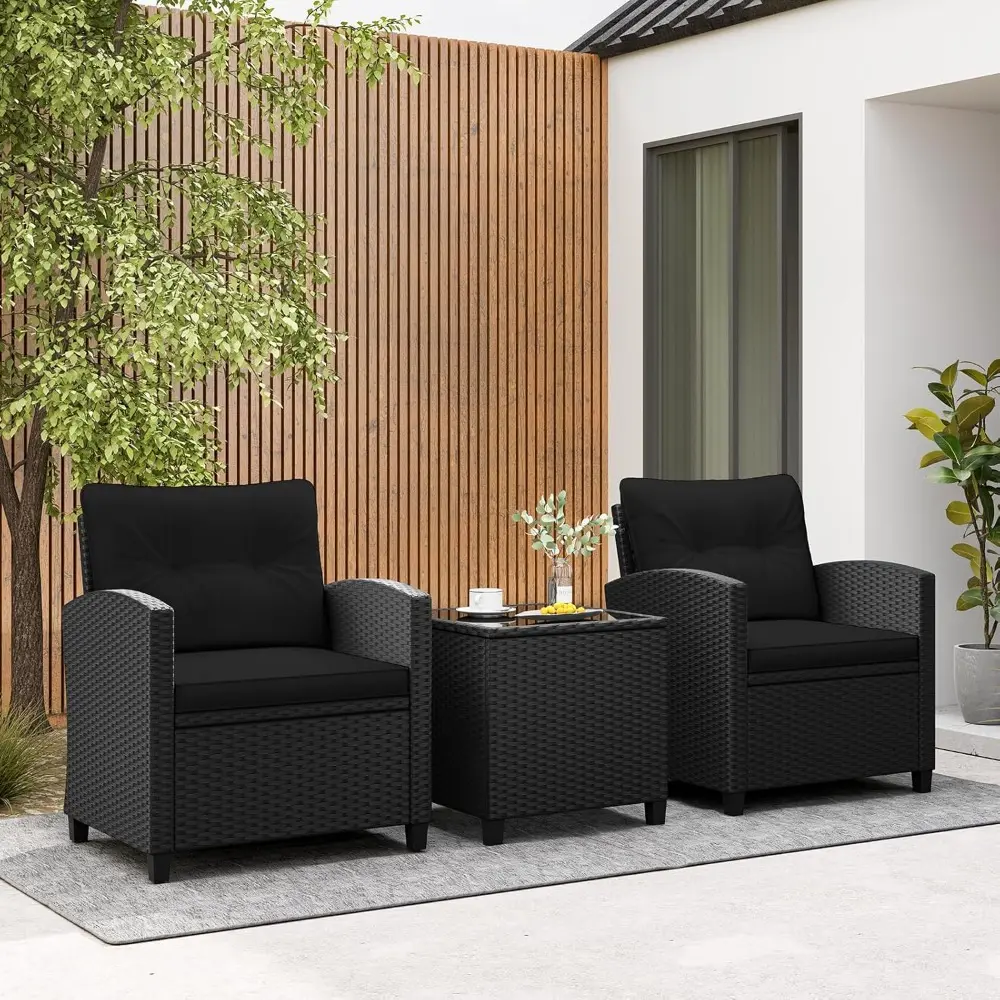 wicker bistro sofa set with glass top table and washable cushions for outdoor spaces
