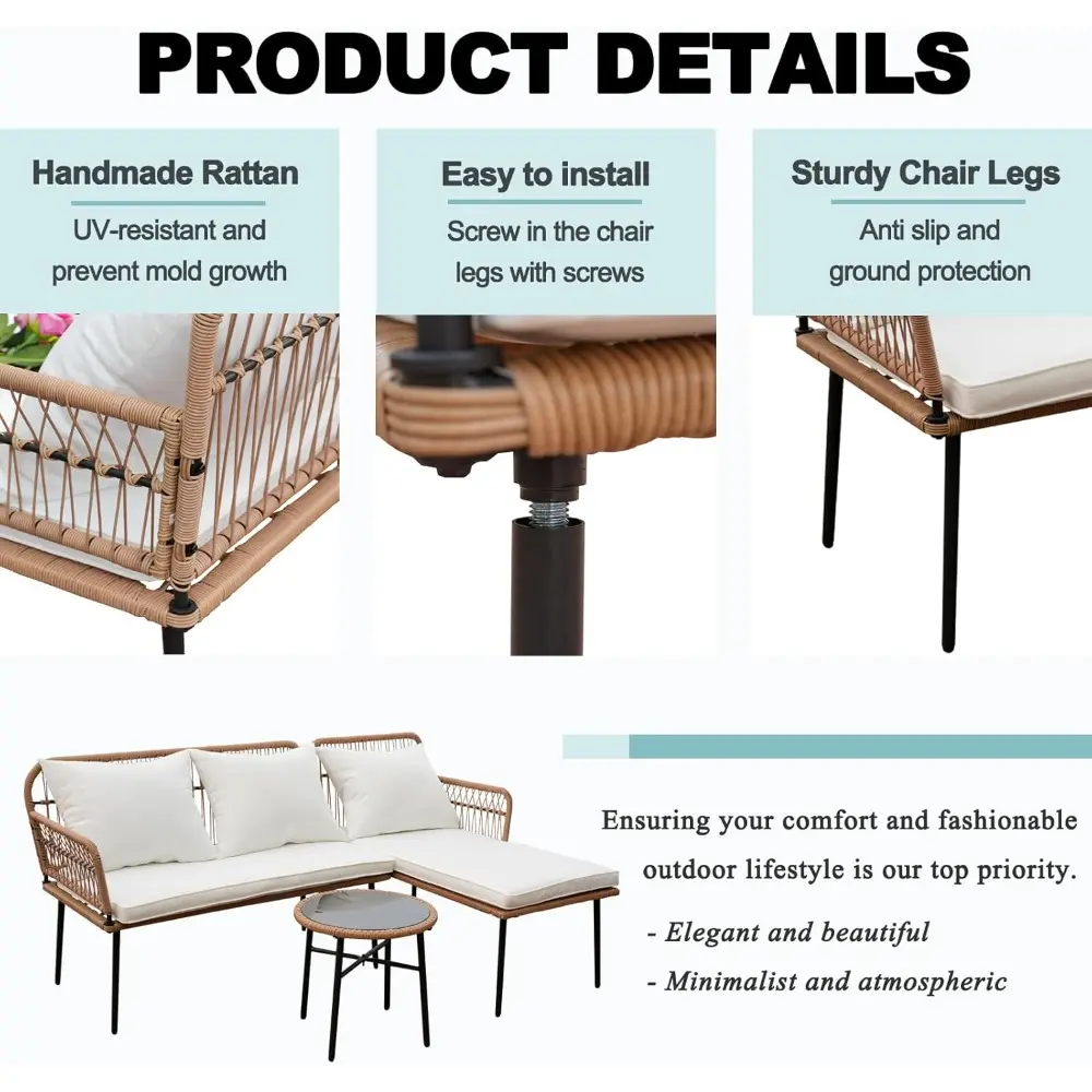 l-shaped outdoor patio chairs, bohemian woven balcony furniture trio, conversation sofa set for boho balcony