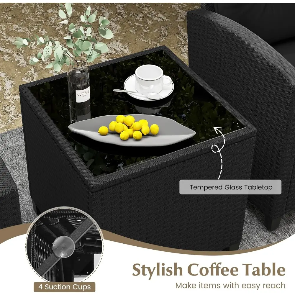 wicker bistro sofa set with glass top table and washable cushions for outdoor spaces