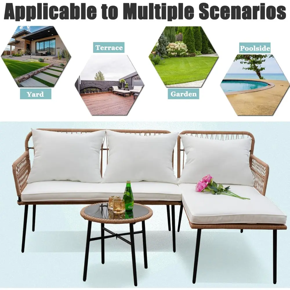l-shaped outdoor patio chairs, bohemian woven balcony furniture trio, conversation sofa set for boho balcony