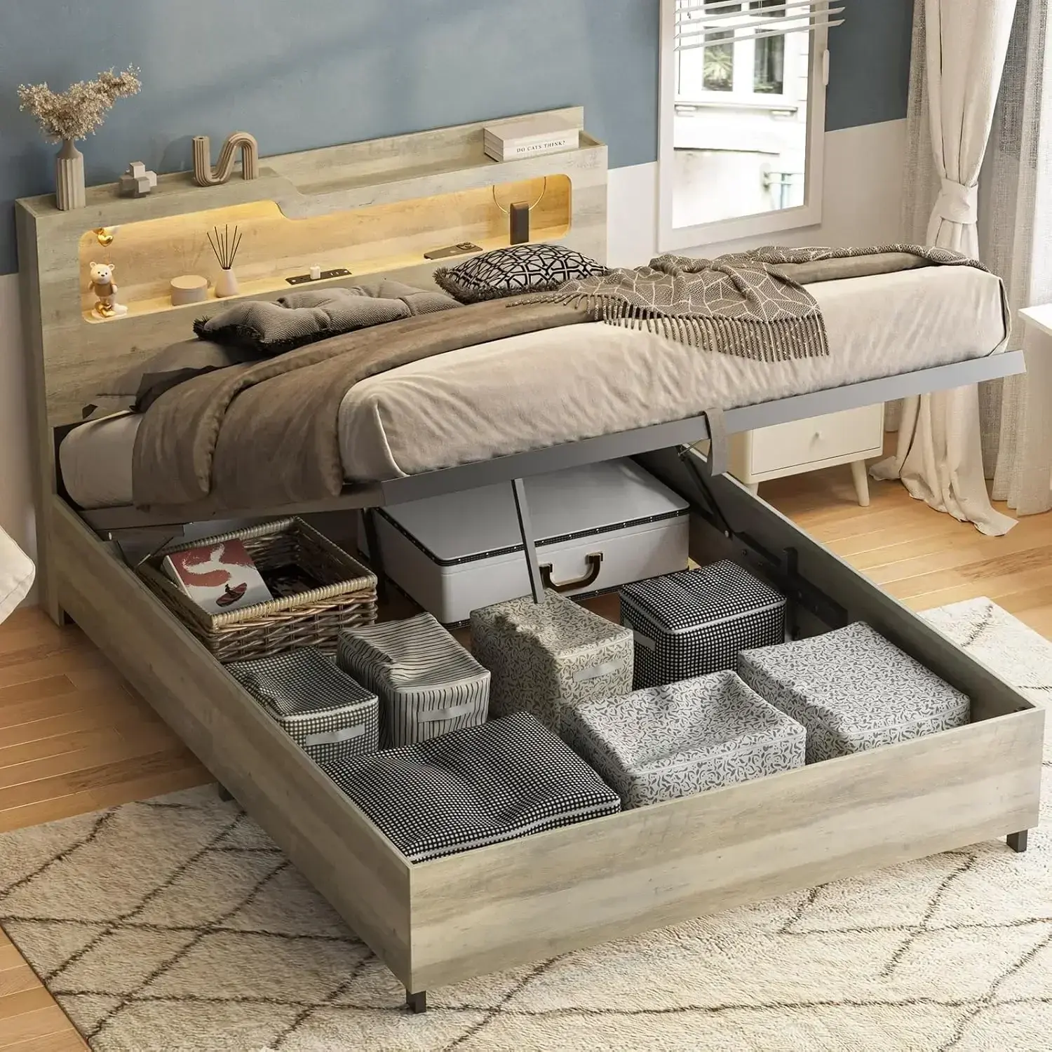 Queen Size Lift Up Storage Bed Frame with Lifting Storage & Charging Station, 2-Tier Headboard Wooden Platform Bed Frame