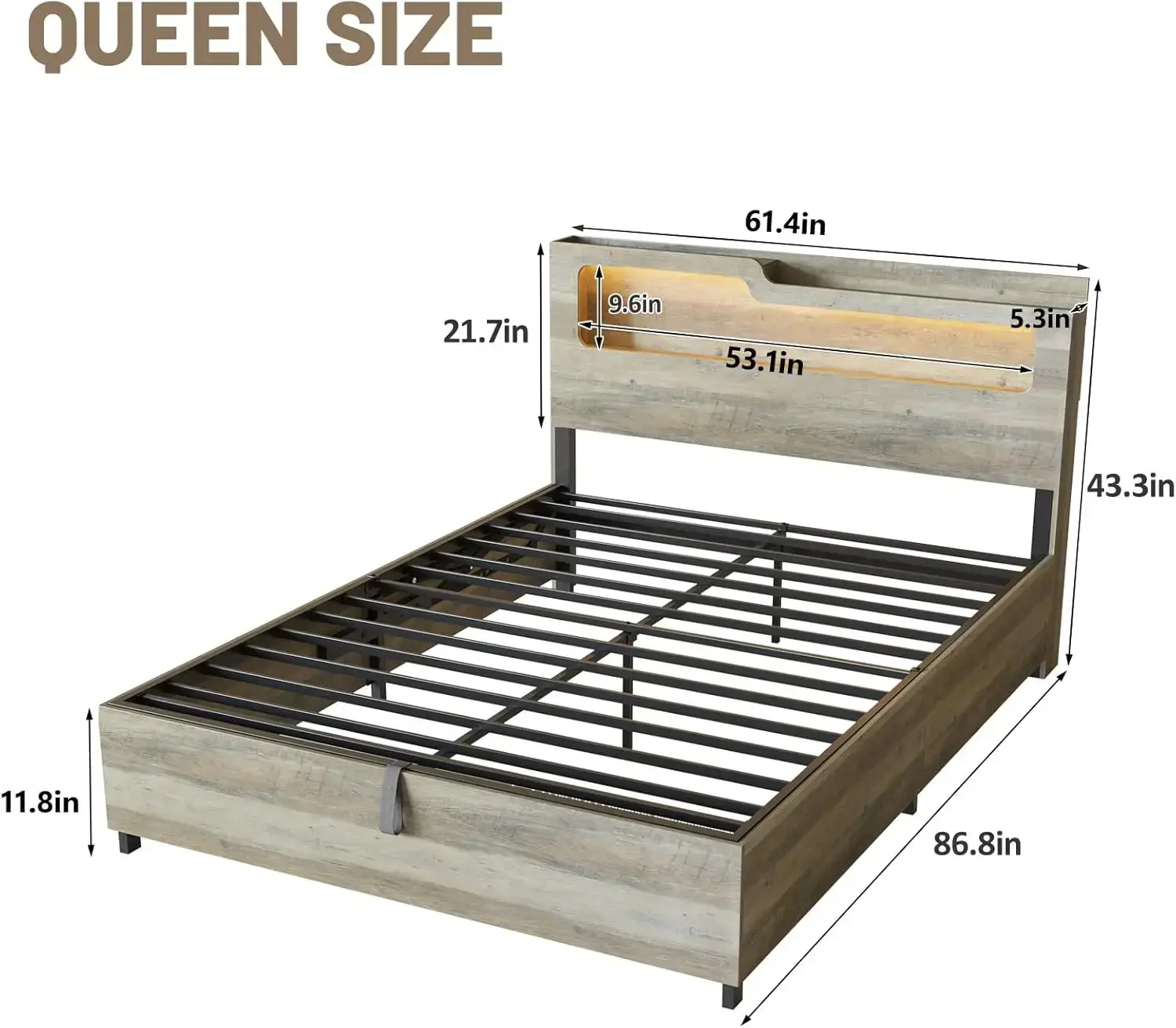 Queen Size Lift Up Storage Bed Frame with Lifting Storage & Charging Station, 2-Tier Headboard Wooden Platform Bed Frame