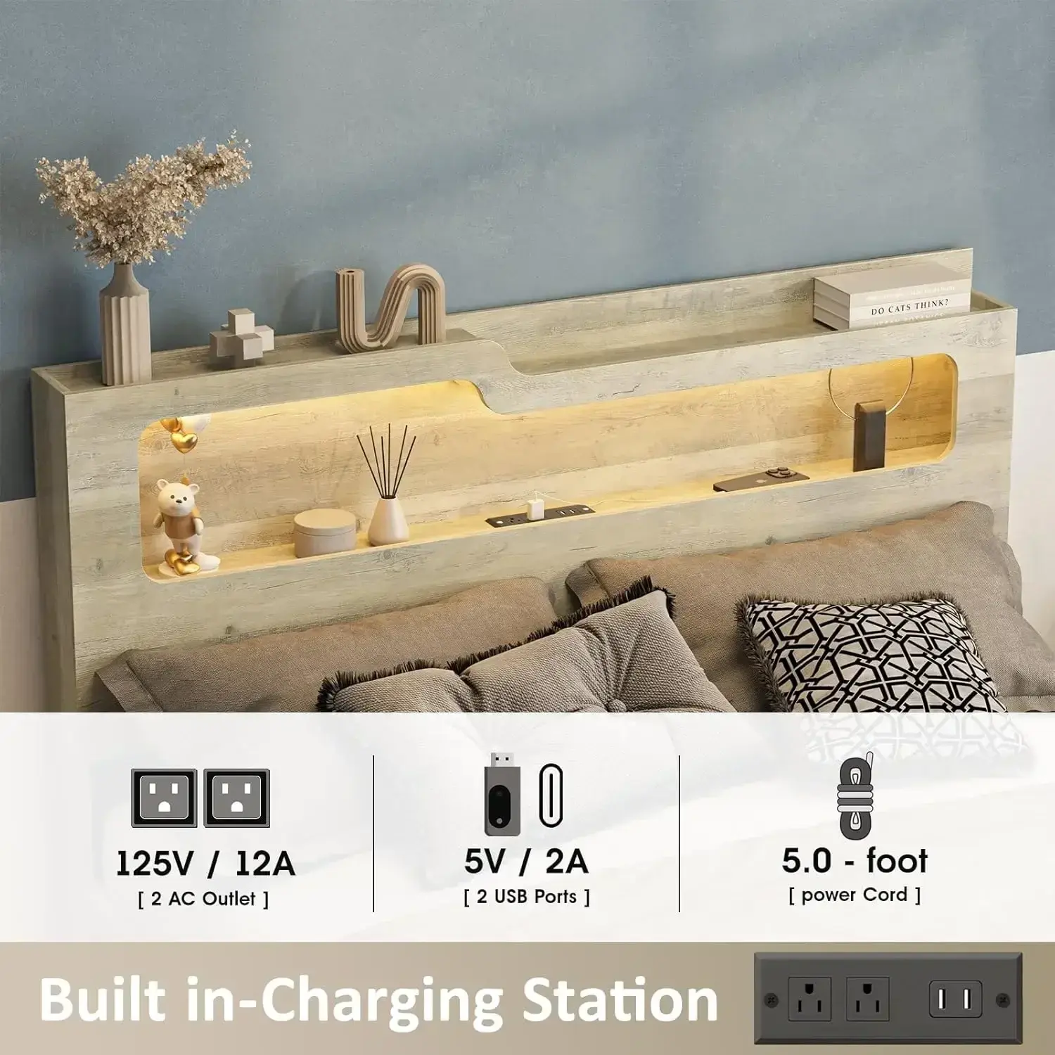 Queen Size Lift Up Storage Bed Frame with Lifting Storage & Charging Station, 2-Tier Headboard Wooden Platform Bed Frame