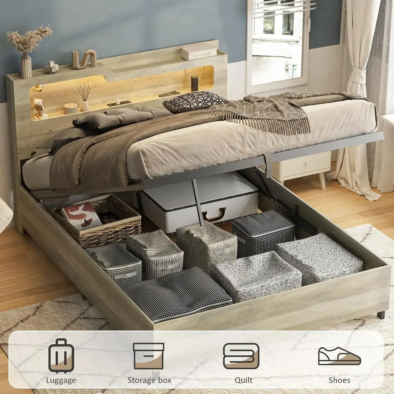 Queen Size Lift Up Storage Bed Frame with Lifting Storage & Charging Station, 2-Tier Headboard Wooden Platform Bed Frame