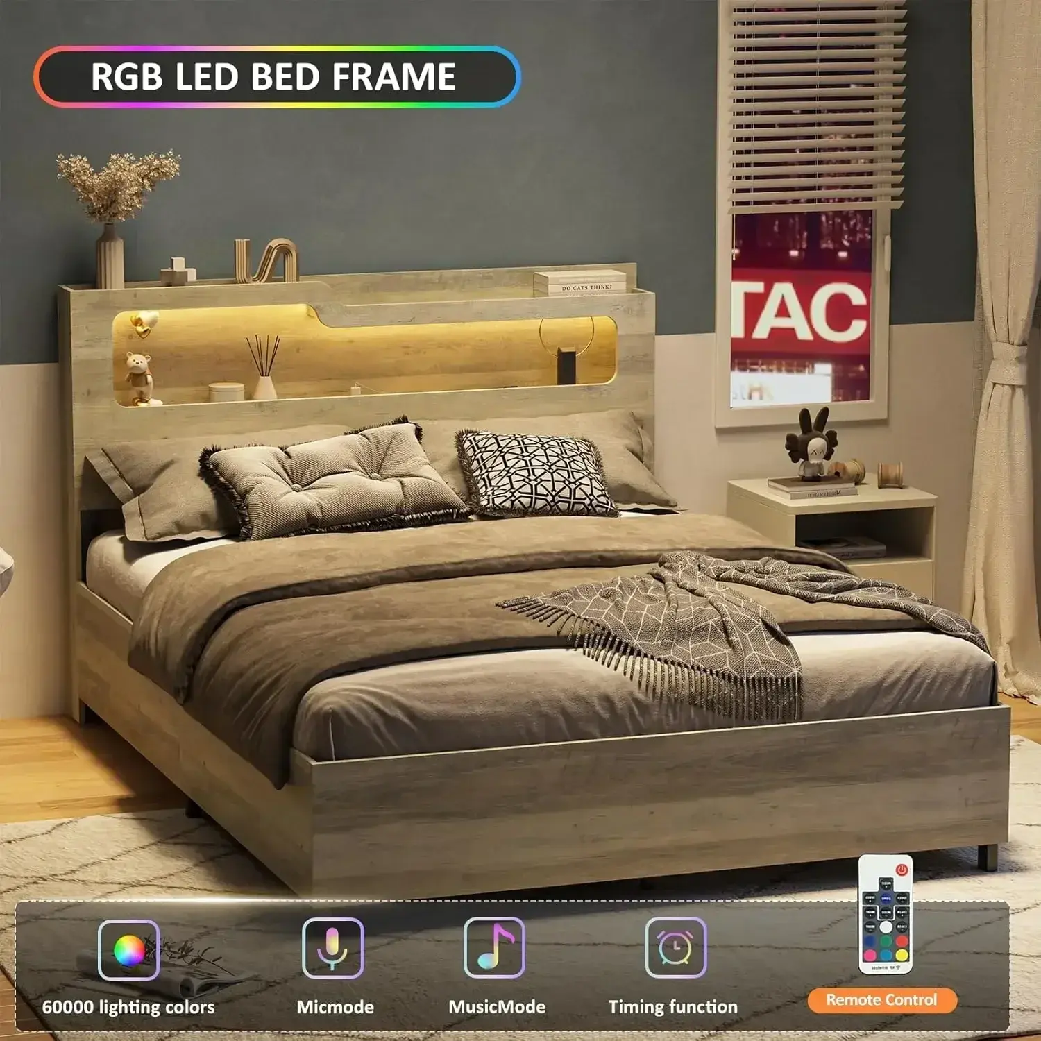Queen Size Lift Up Storage Bed Frame with Lifting Storage & Charging Station, 2-Tier Headboard Wooden Platform Bed Frame