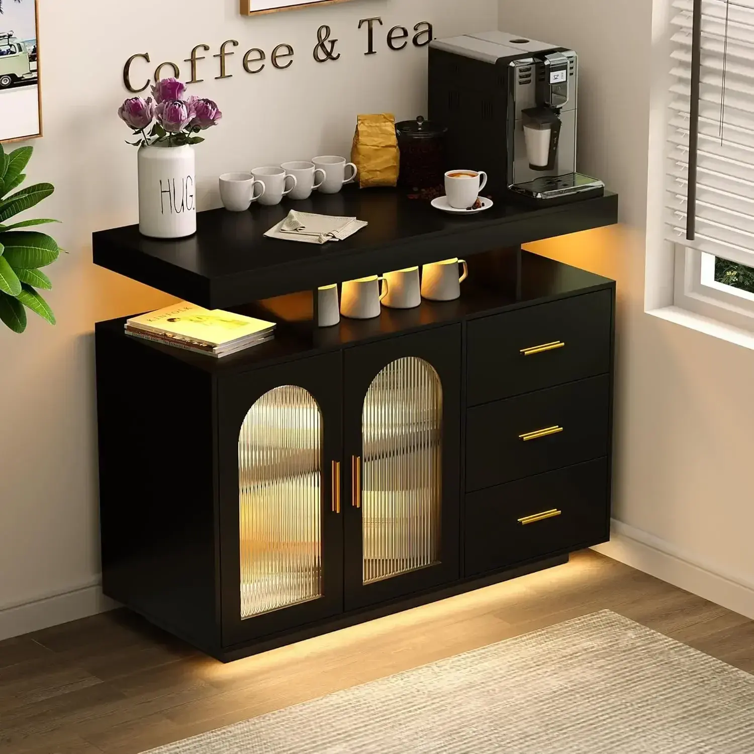 RGB LED Coffee Bar Cabinet Kitchen Storage Cabinet & Sideboard Buffet Cabinets - Wood Coffee Bar Table with Shelf Capacity