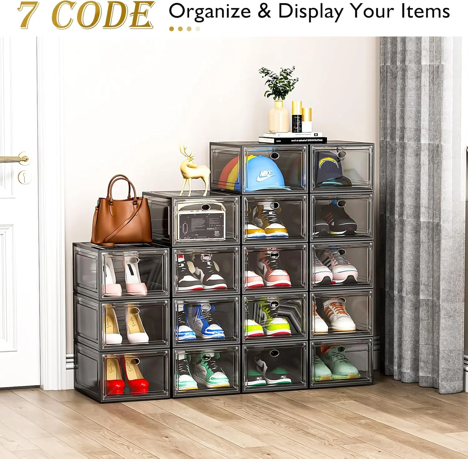 Large Clear Shoe Boxes Organizer【Thicker Material】 Stronger Shoe Box with Magnetic Door, Stackable Shoe Storage Box for Closet