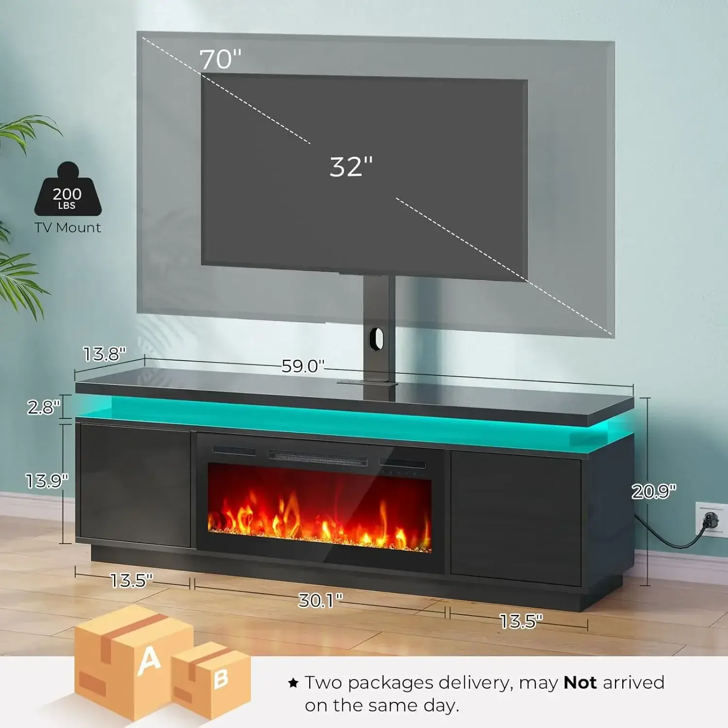 Fireplace TV Stand with Led Lights and Power Outlets, TV Stand Mount with Electric Fireplace, Black Entertainment Center