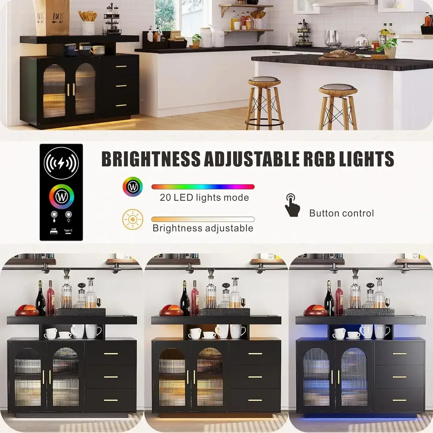 RGB LED Coffee Bar Cabinet Kitchen Storage Cabinet & Sideboard Buffet Cabinets - Wood Coffee Bar Table with Shelf Capacity