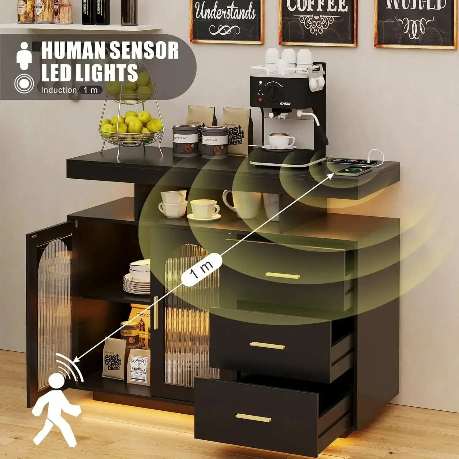 RGB LED Coffee Bar Cabinet Kitchen Storage Cabinet & Sideboard Buffet Cabinets - Wood Coffee Bar Table with Shelf Capacity
