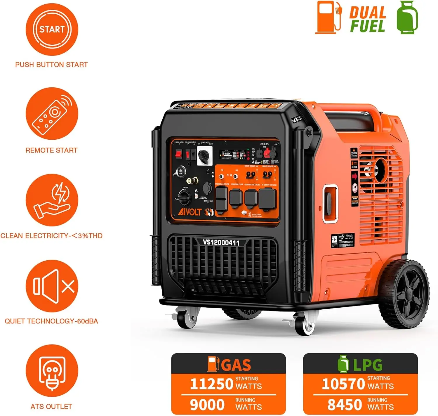 11250 Wattages Dual Fuel Portable Inverter Generator Super Quiet Gas Propane Powered Remote/Electric Start, 50 State Approved