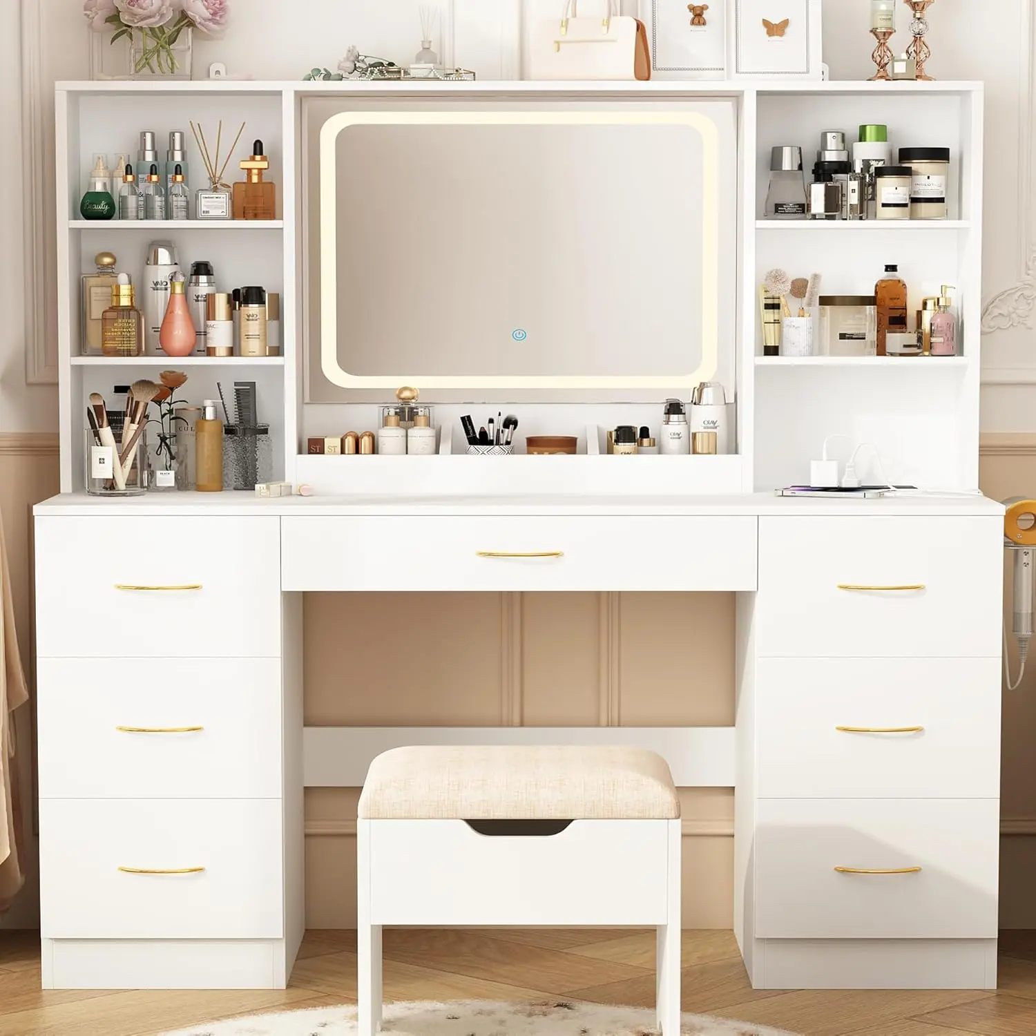 47" Large Vanity Desk with Mirror and Lights, Lighted Make up Vanity Desk with Drawers and 3 Lighting Modes (White)