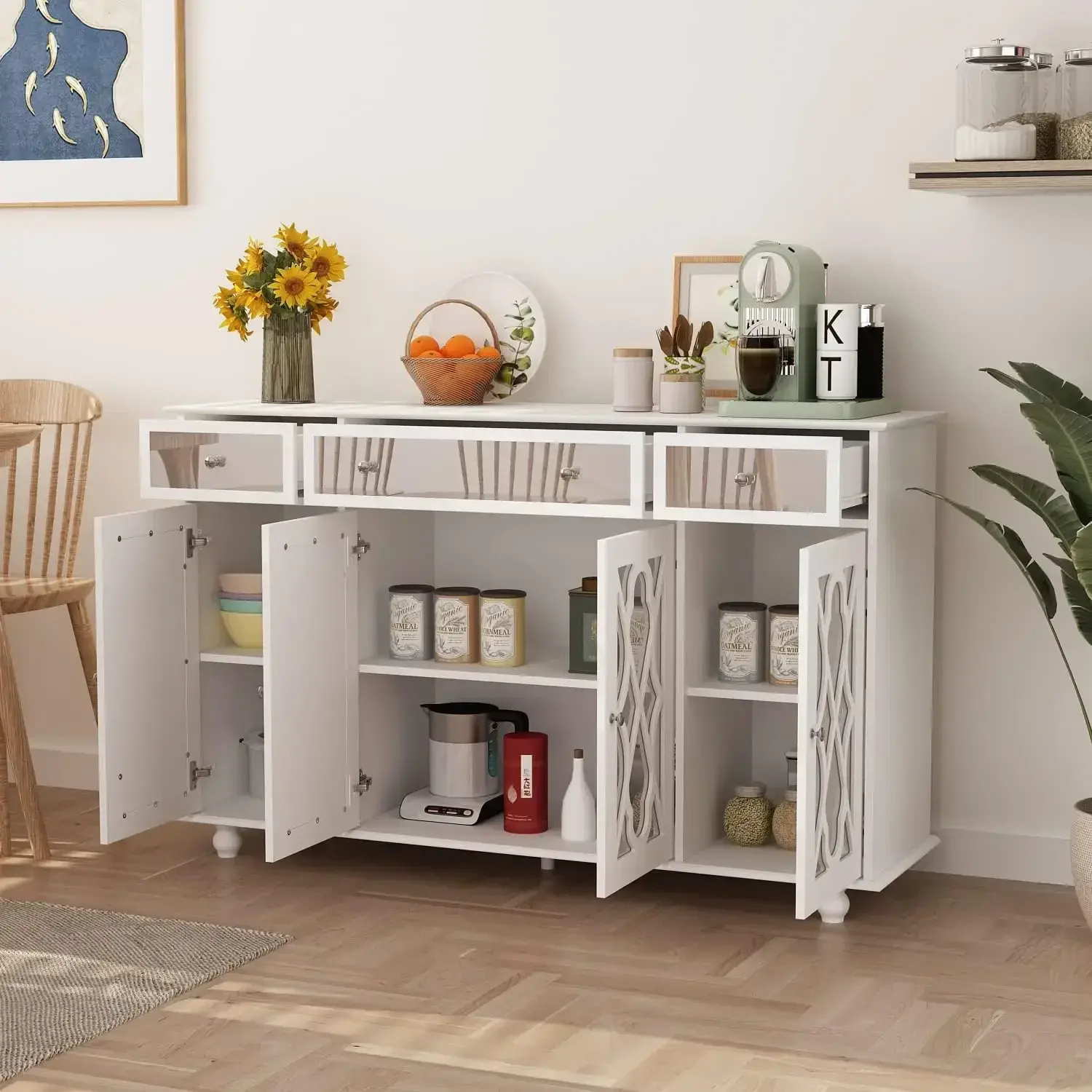 Buffet Sideboard Storage Cabinet with Mirror Doors, 3 Drawers & 6 Storage Compartments, Kitchen Cupboard Console Table