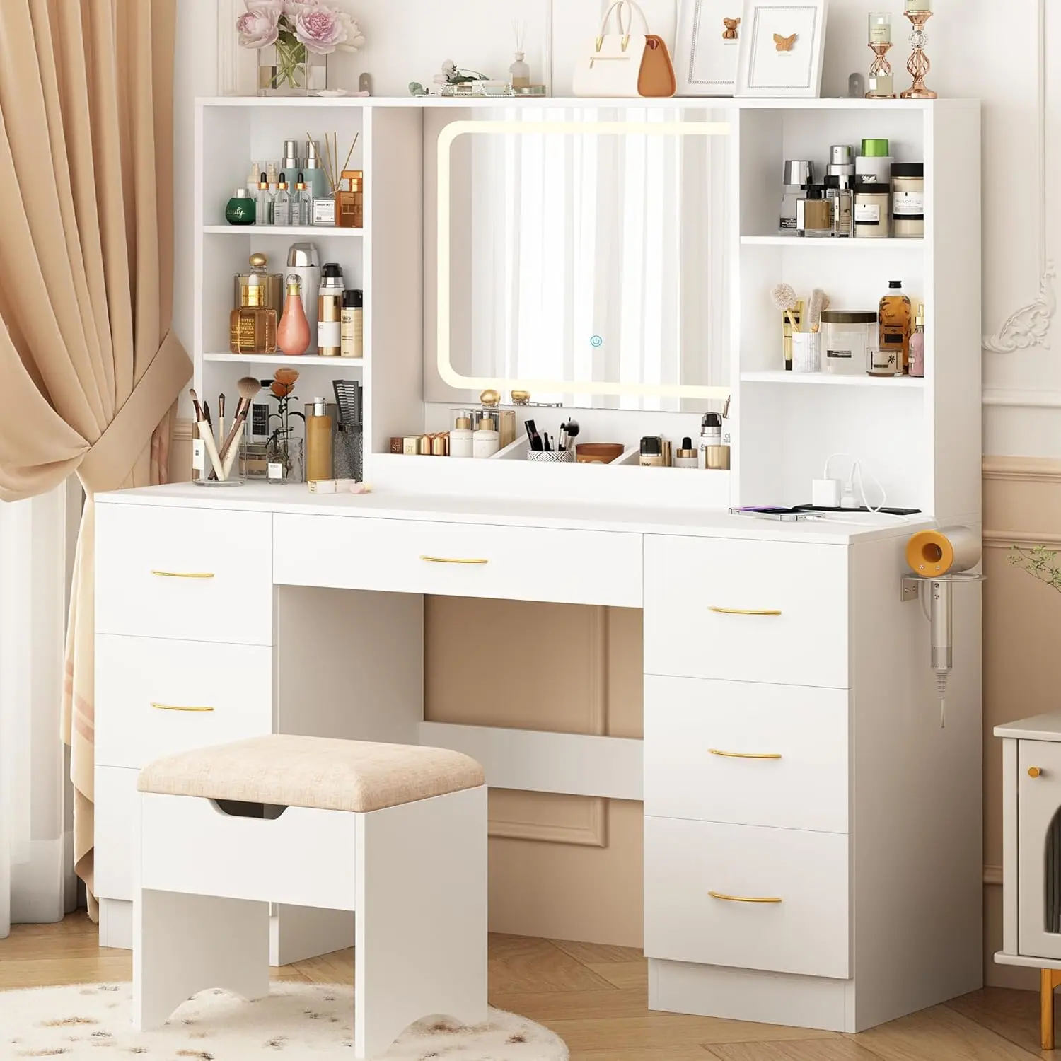 47" Large Vanity Desk with Mirror and Lights, Lighted Make up Vanity Desk with Drawers and 3 Lighting Modes (White)