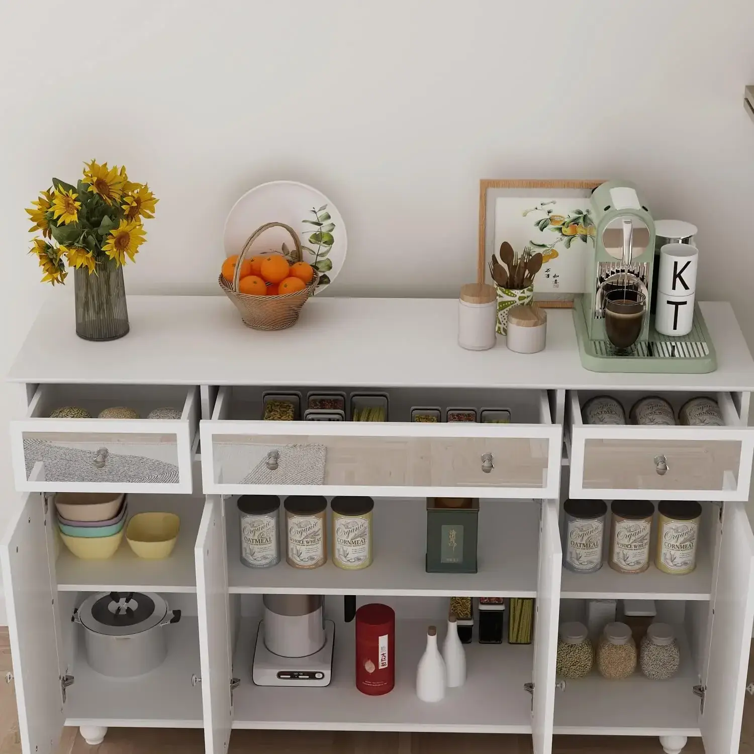 Buffet Sideboard Storage Cabinet with Mirror Doors, 3 Drawers & 6 Storage Compartments, Kitchen Cupboard Console Table