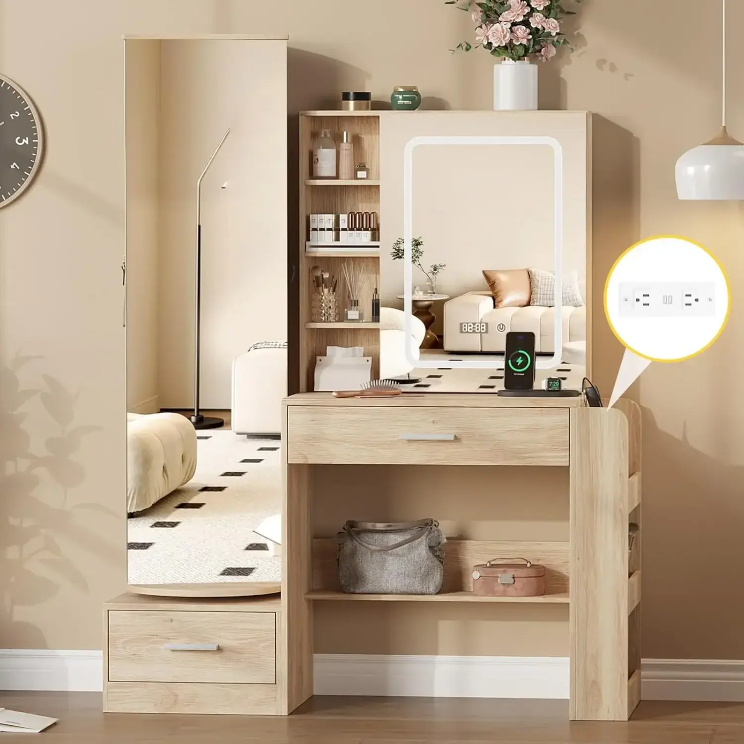 Makeup Vanity Desk with LED Light Full-Length Mirror Vanity TableBookcase Cabinet Dressing Table,Hooks for Bedroom,Natural