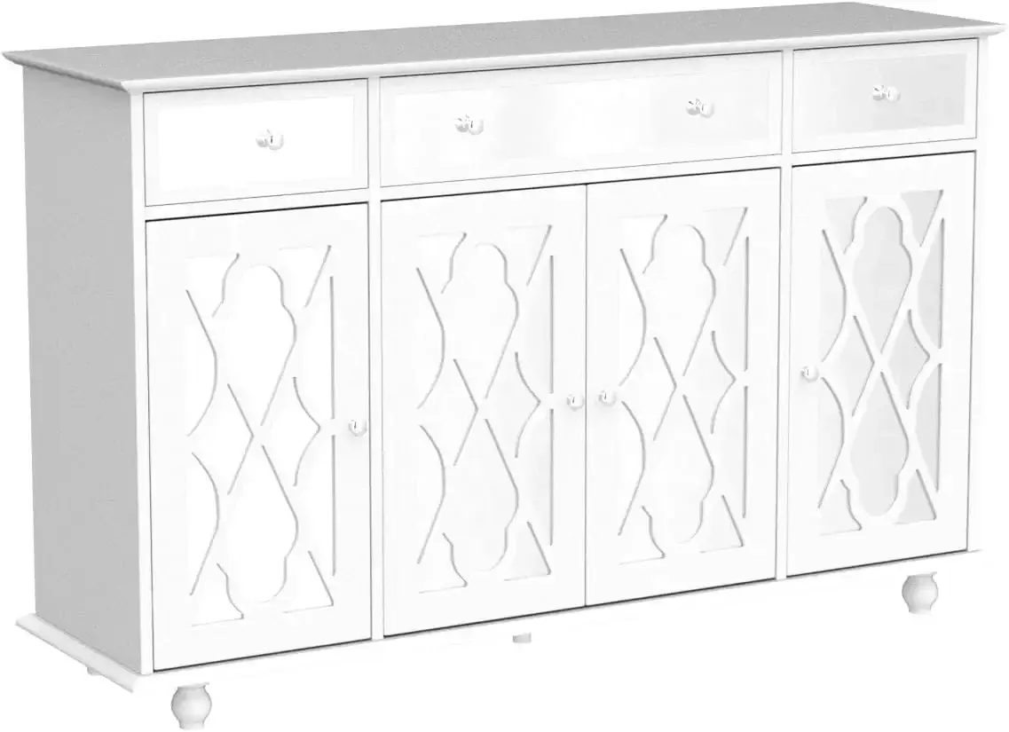 Buffet Sideboard Storage Cabinet with Mirror Doors, 3 Drawers & 6 Storage Compartments, Kitchen Cupboard Console Table