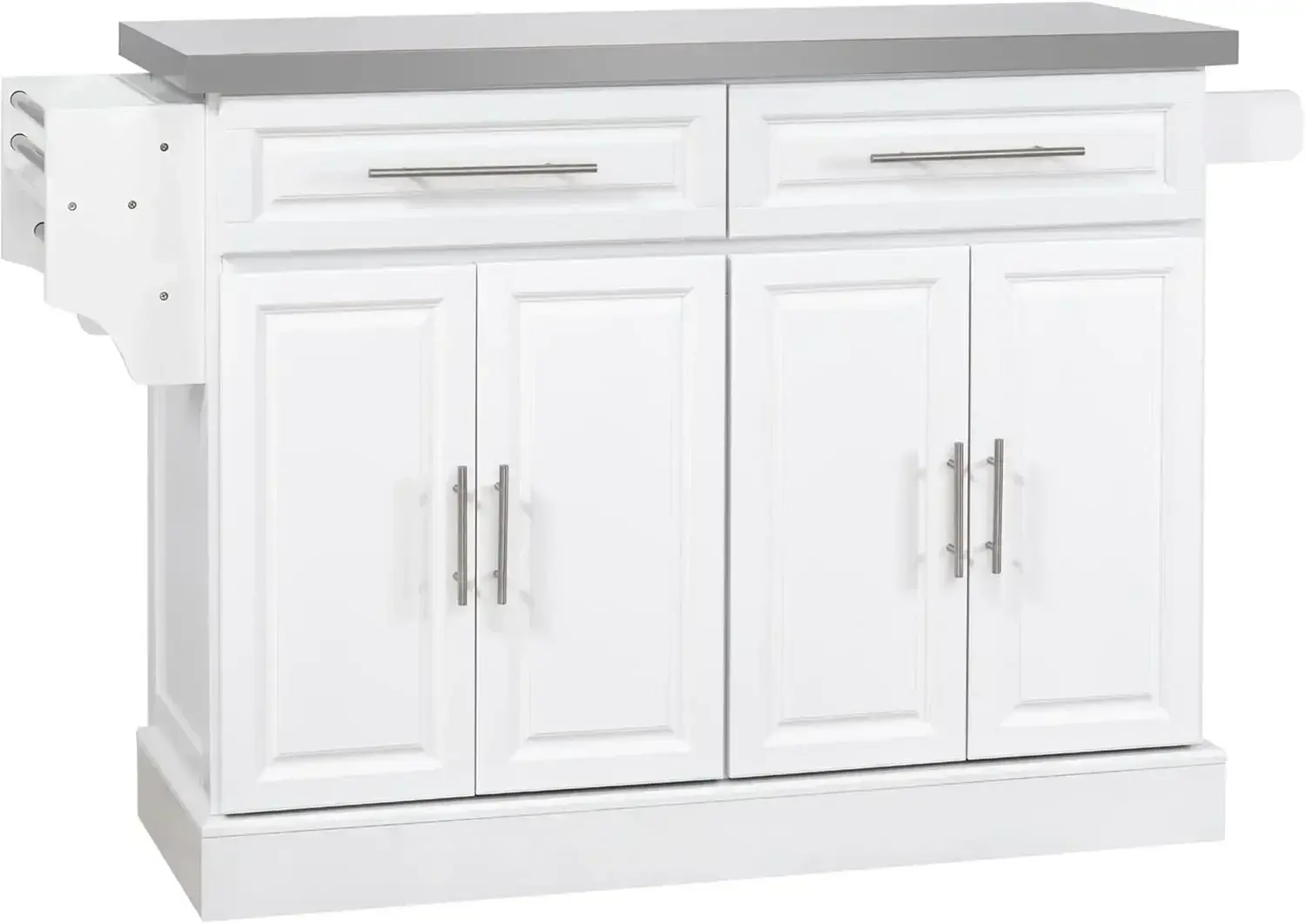 Rolling Kitchen Island, Portable Kitchen Cart with Stainless Steel Top, 2 Drawers, Spice, Knife and Towel Rack, White