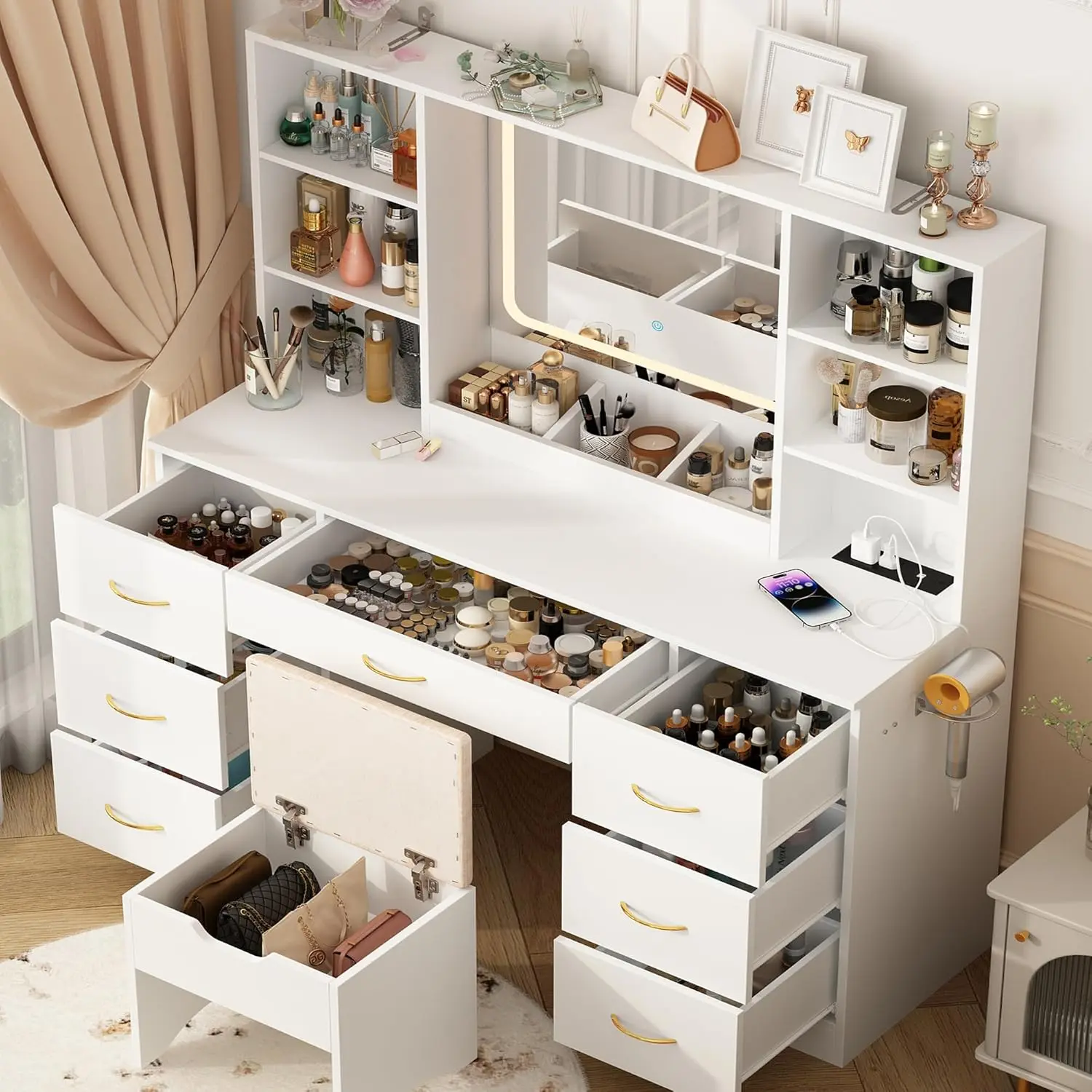 47" Large Vanity Desk with Mirror and Lights, Lighted Make up Vanity Desk with Drawers and 3 Lighting Modes (White)