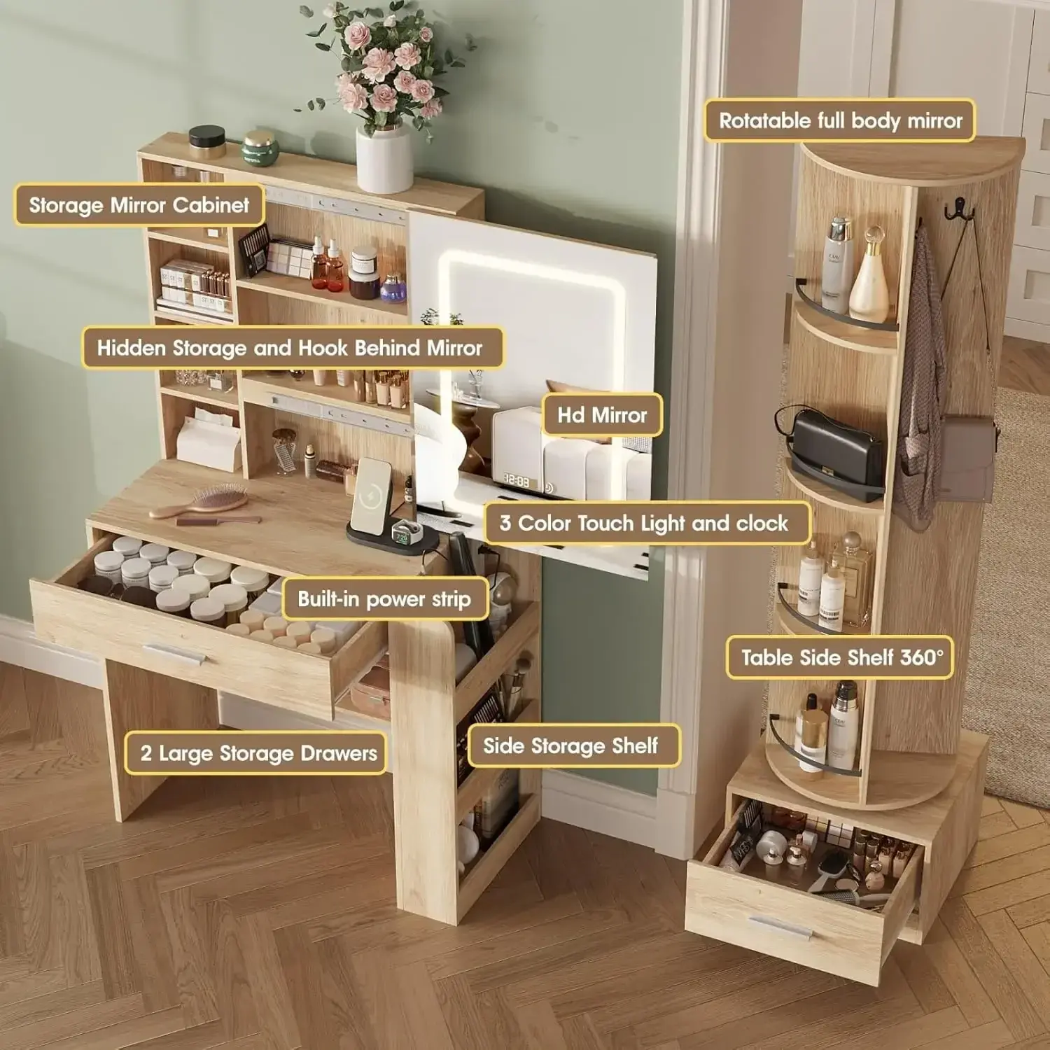 Makeup Vanity Desk with LED Light Full-Length Mirror Vanity TableBookcase Cabinet Dressing Table,Hooks for Bedroom,Natural