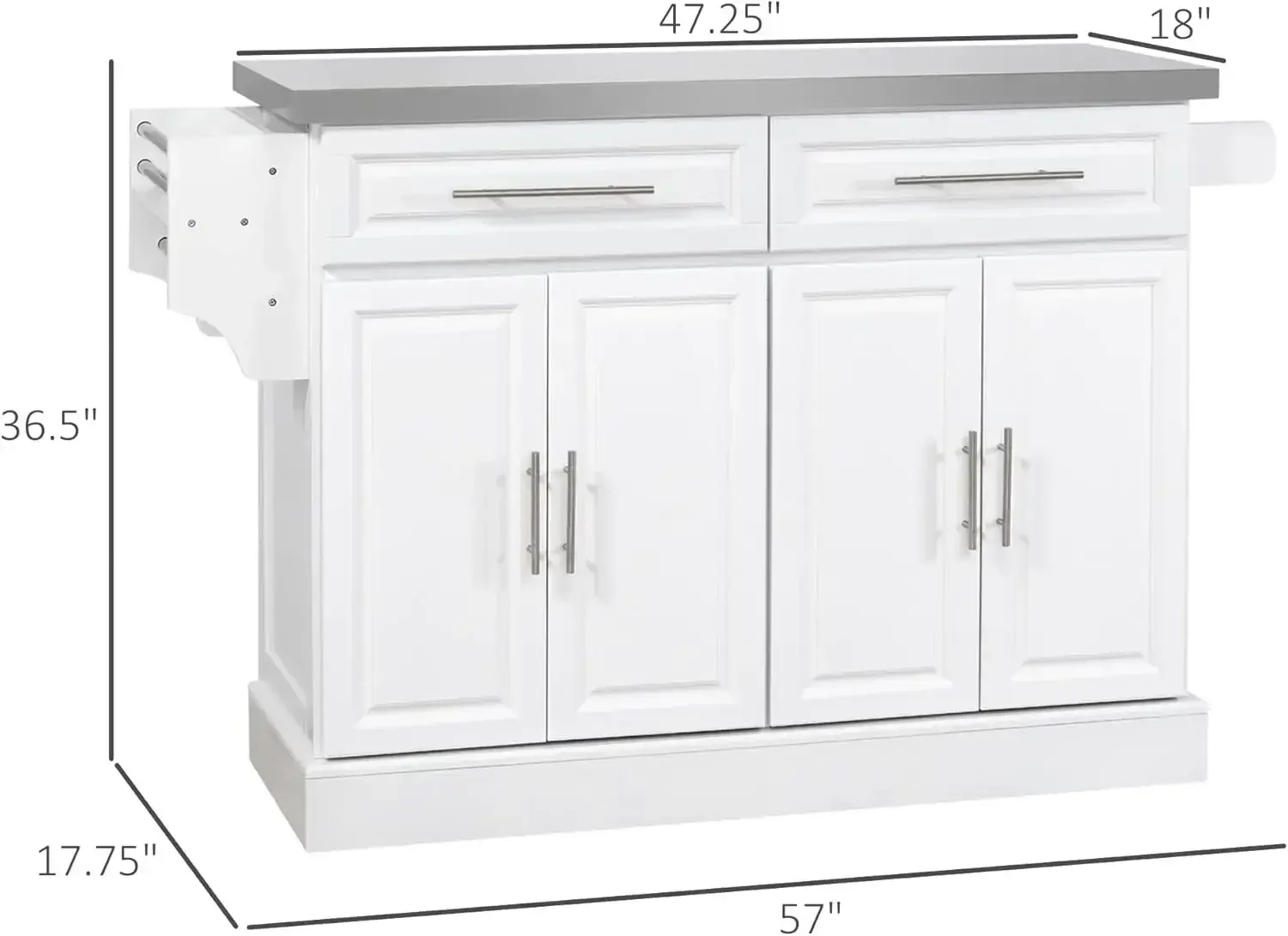 Rolling Kitchen Island, Portable Kitchen Cart with Stainless Steel Top, 2 Drawers, Spice, Knife and Towel Rack, White