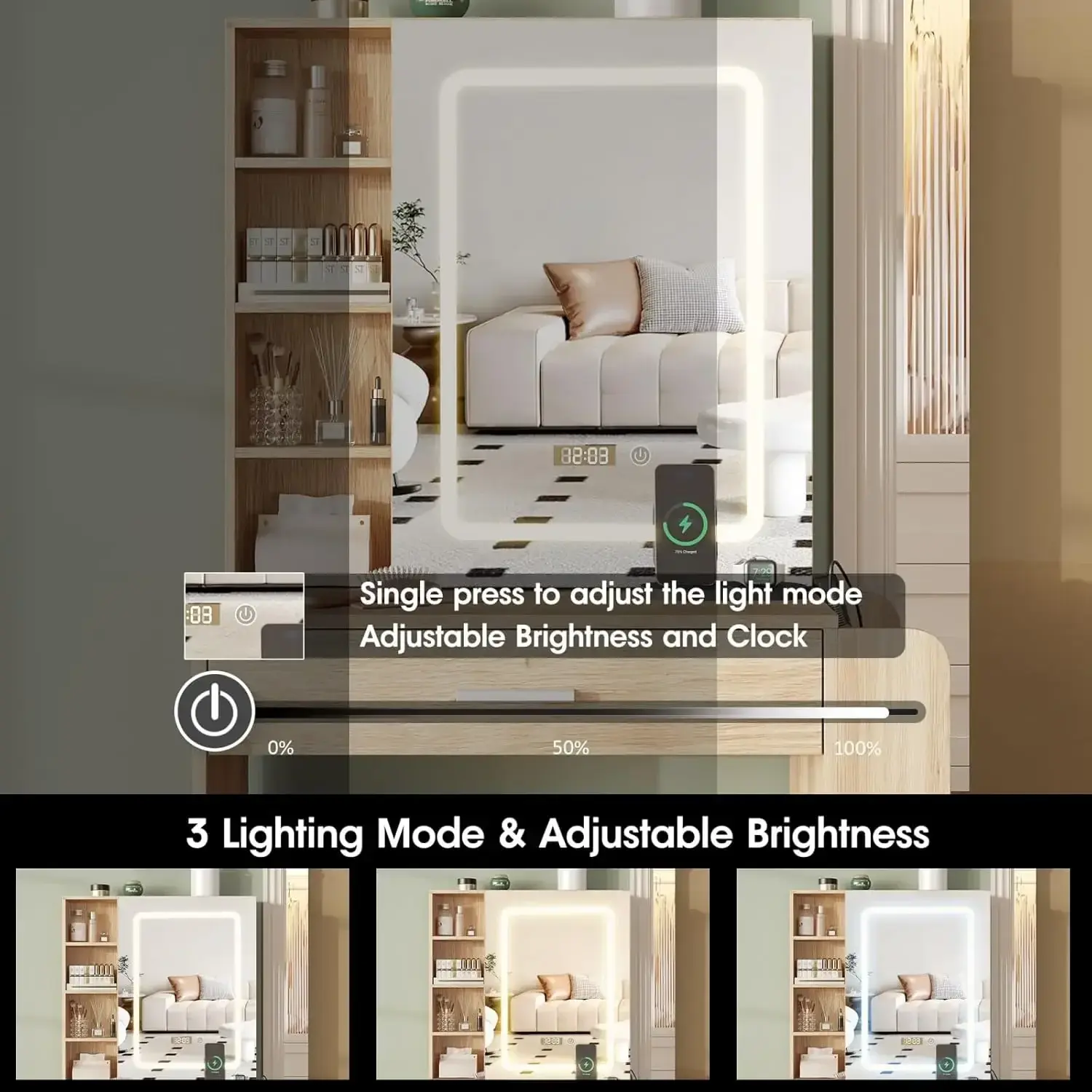 Makeup Vanity Desk with LED Light Full-Length Mirror Vanity TableBookcase Cabinet Dressing Table,Hooks for Bedroom,Natural