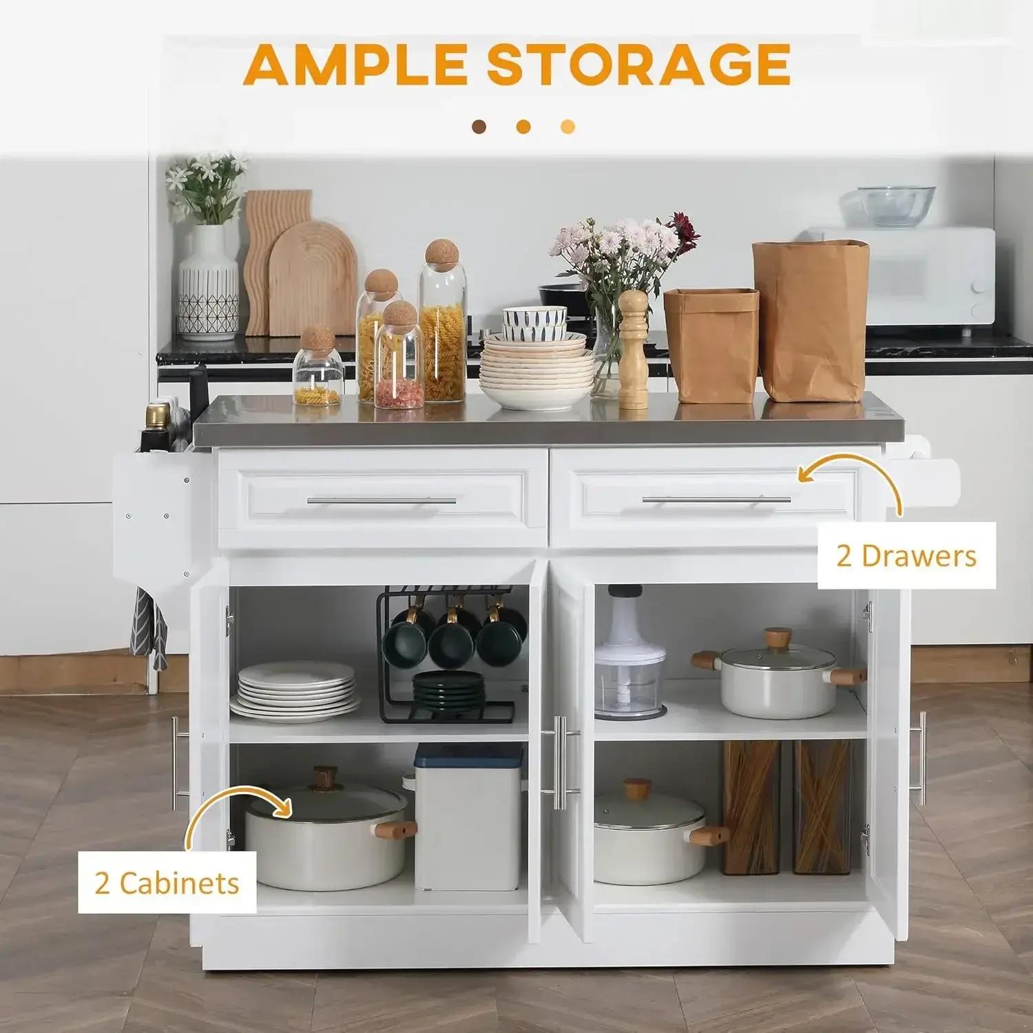 Rolling Kitchen Island, Portable Kitchen Cart with Stainless Steel Top, 2 Drawers, Spice, Knife and Towel Rack, White