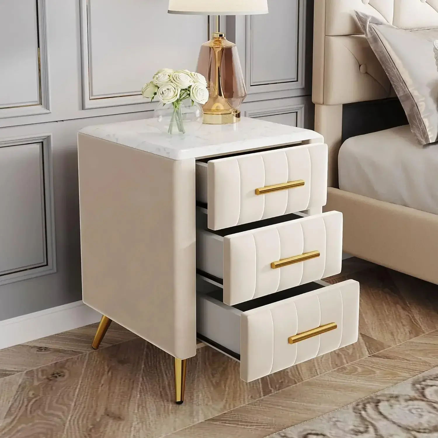 Modern Wooden Nightstand with 3 Drawers and Metal Legs&Handles,Velvet Upholstered Bedside Table with Marbling Worktop (Beige-01)