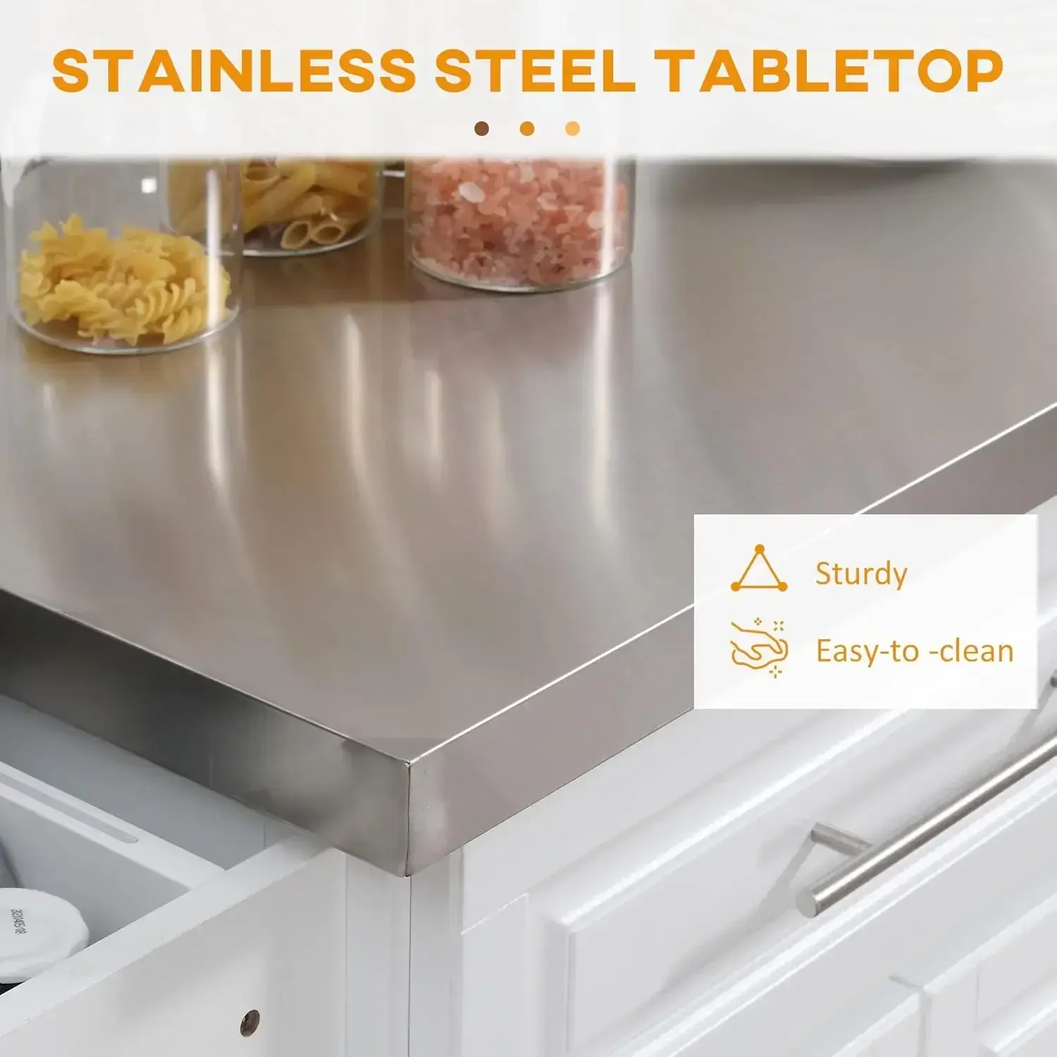 Rolling Kitchen Island, Portable Kitchen Cart with Stainless Steel Top, 2 Drawers, Spice, Knife and Towel Rack, White