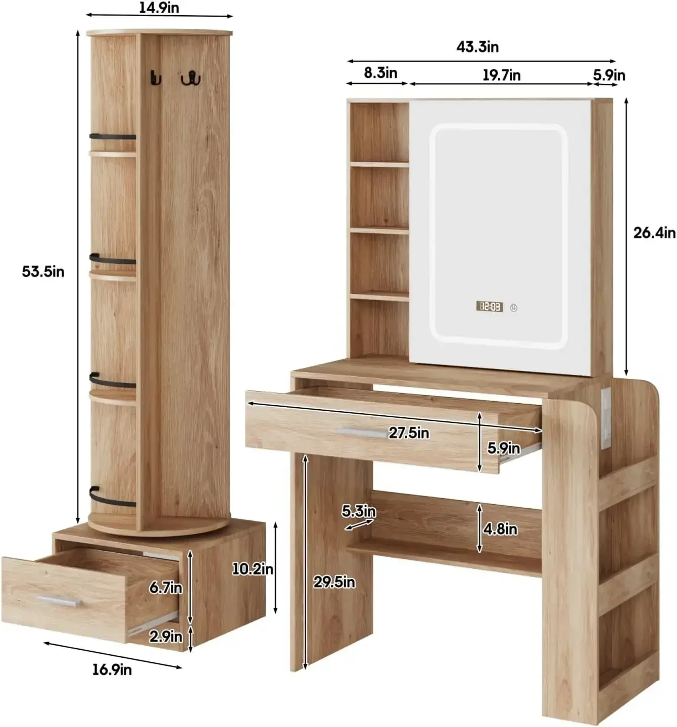 Makeup Vanity Desk with LED Light Full-Length Mirror Vanity TableBookcase Cabinet Dressing Table,Hooks for Bedroom,Natural
