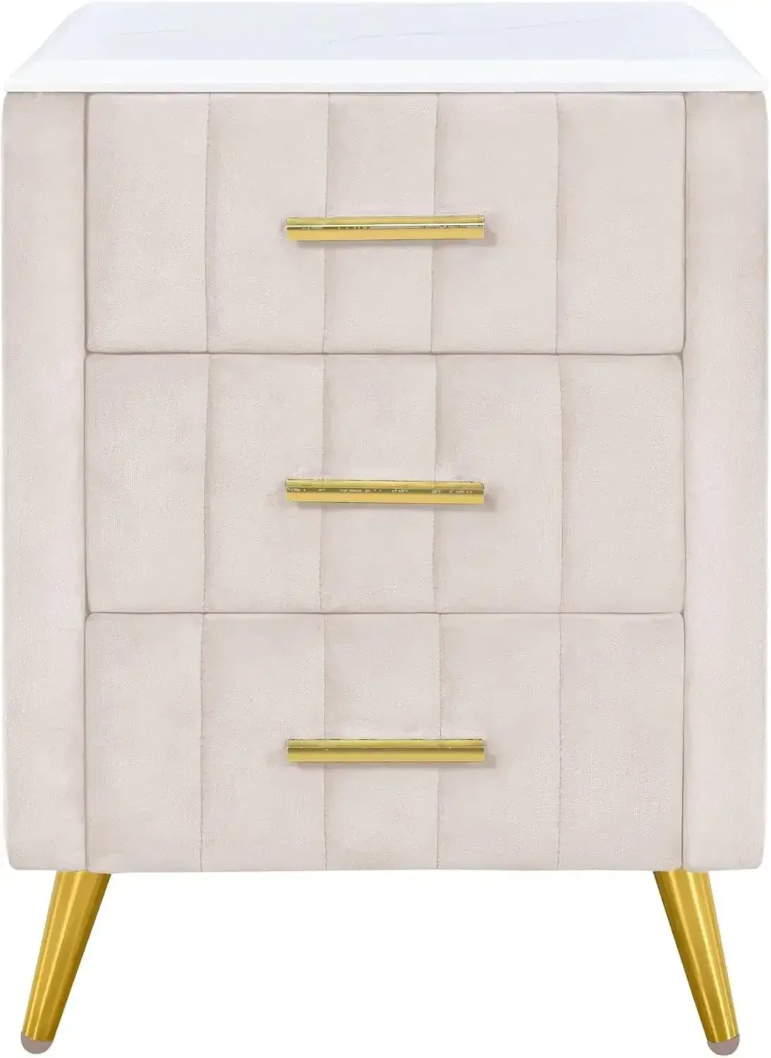 Modern Wooden Nightstand with 3 Drawers and Metal Legs&Handles,Velvet Upholstered Bedside Table with Marbling Worktop (Beige-01)