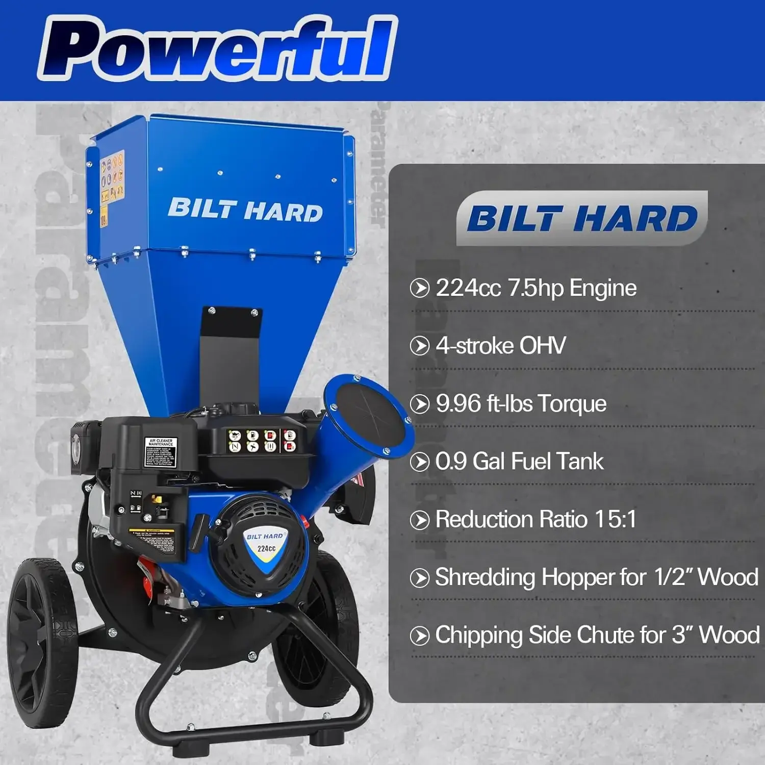 Wood Chipper - 7.5 HP 224cc Gas Powered Shredder, 2 in 1 Multi-Function Heavy Duty, 3" Max Wood Diameter Capacity