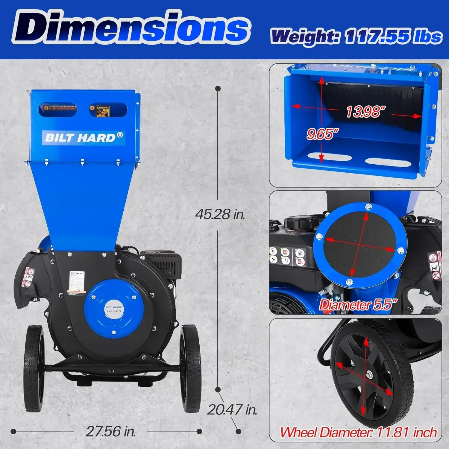 Wood Chipper - 7.5 HP 224cc Gas Powered Shredder, 2 in 1 Multi-Function Heavy Duty, 3" Max Wood Diameter Capacity