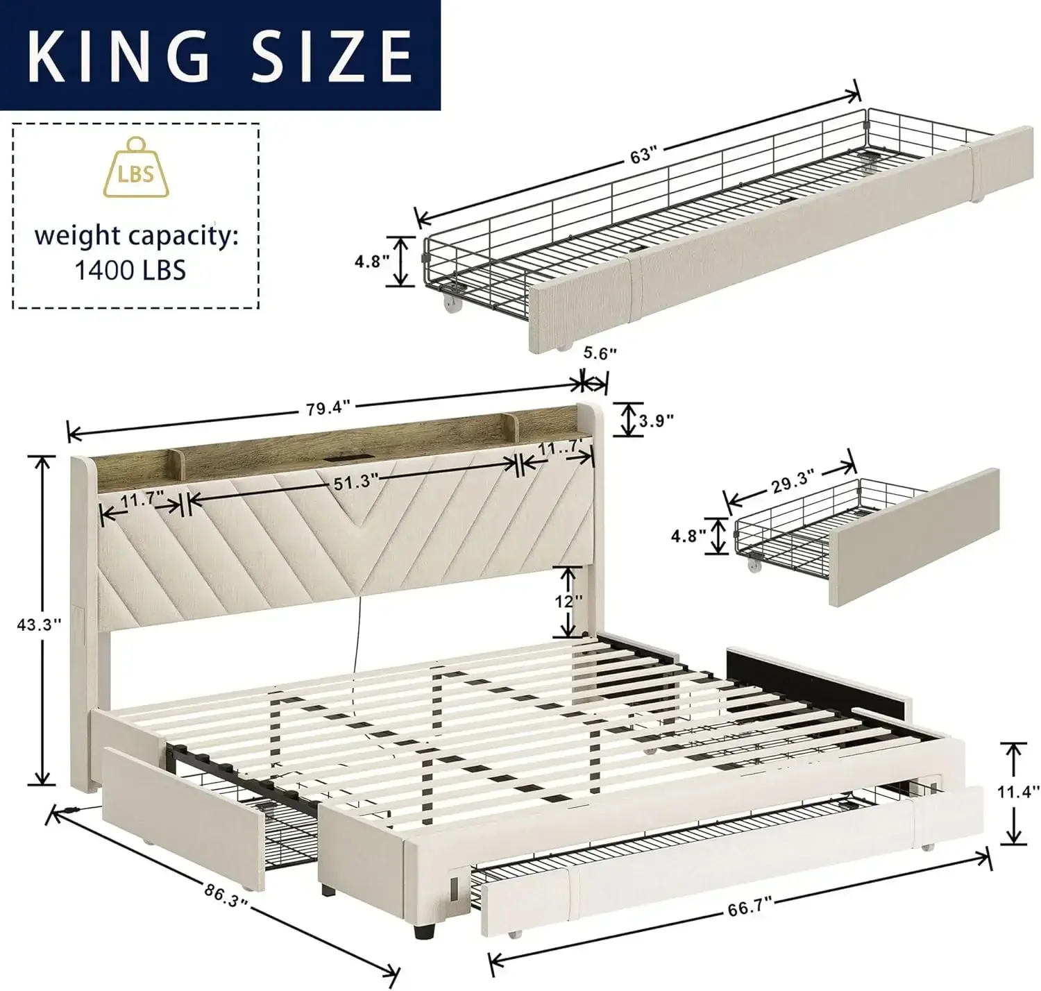Bed Frame King Size with Headboard, Upholstered Platform Bedframe with 3 Underbed Storage Drawers