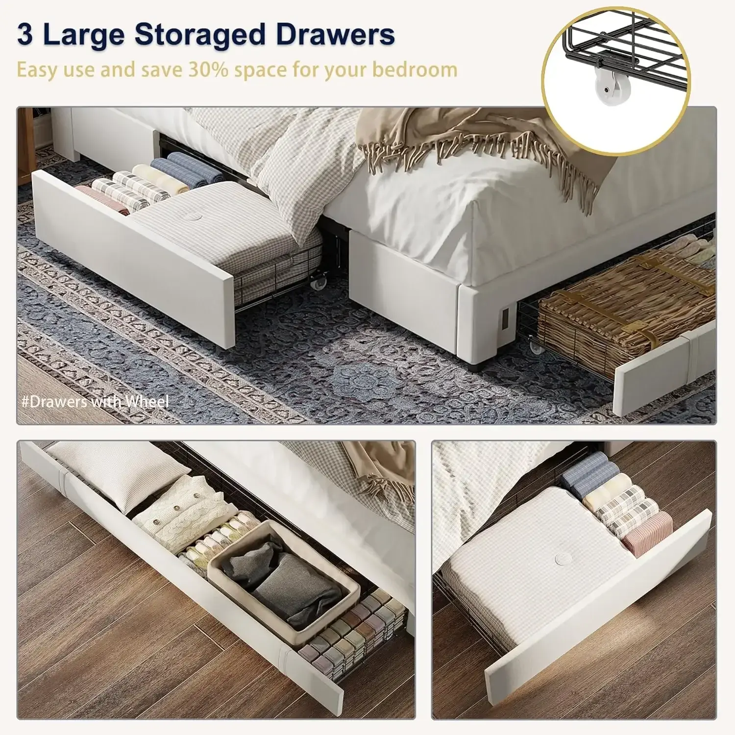 Bed Frame King Size with Headboard, Upholstered Platform Bedframe with 3 Underbed Storage Drawers