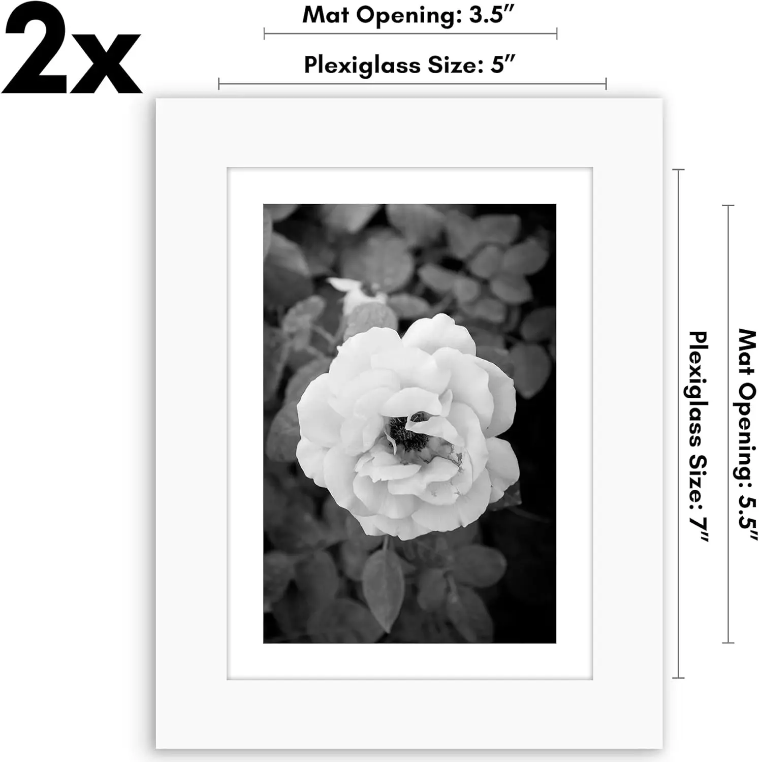 5x7 Picture Frame with Polished Plexiglass - Set of 2 - Use as 4x6 Frame with Mat or Display 5x7 Photo Without Mat - White