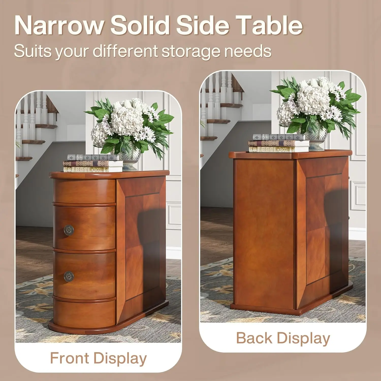 Wood End Table Set of 2, Narrow Solid Side Table 2-Drawer Slim Chair Side Table, No Assembly Required, Finished Back, Walnut