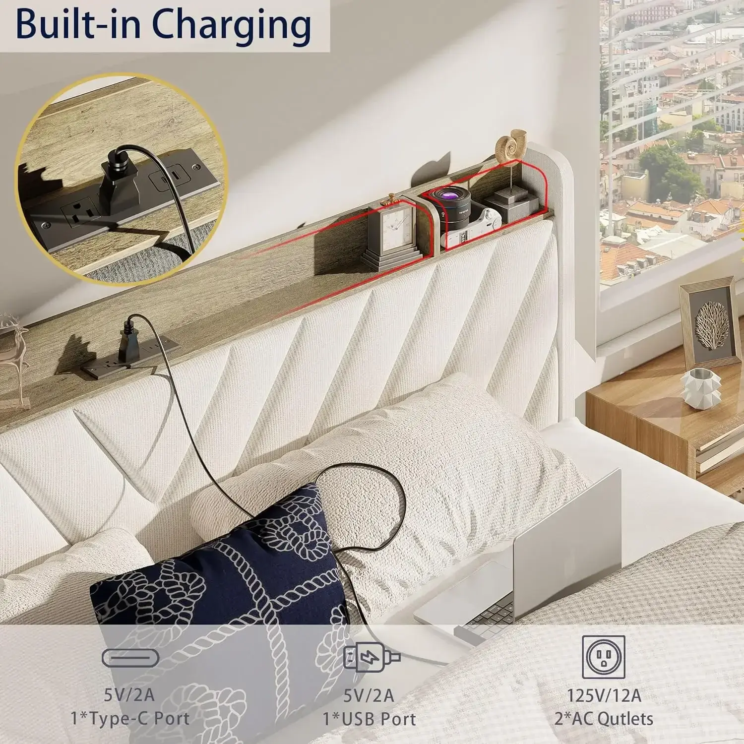 Bed Frame King Size with Headboard, Upholstered Platform Bedframe with 3 Underbed Storage Drawers