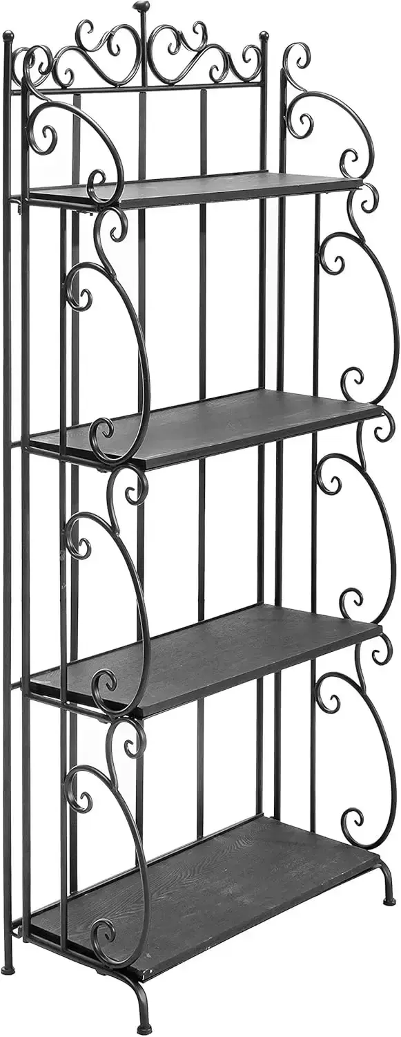 Black Metal Freestanding Shelf Rack with Metal Scrollwork Frame, Decorative Bakers Rack Bookshelf Storage Shelf Unit