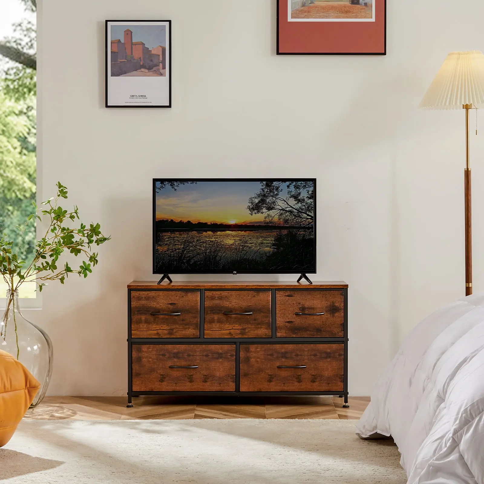 Modern Dresser with Fabric 5-Drawer, Metal Frame, Ideal for Bedroom Storage,  Rustic Brown
