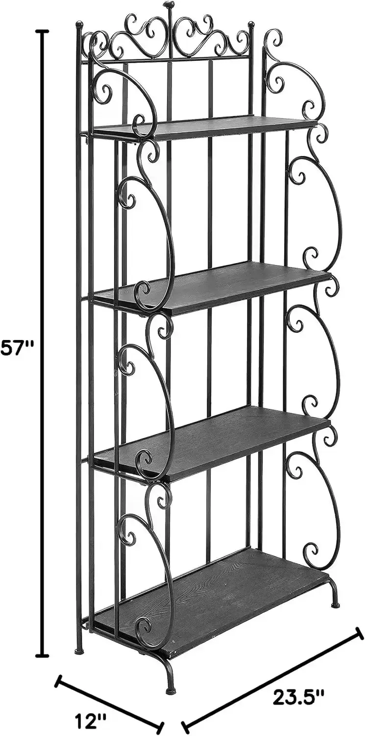 Black Metal Freestanding Shelf Rack with Metal Scrollwork Frame, Decorative Bakers Rack Bookshelf Storage Shelf Unit