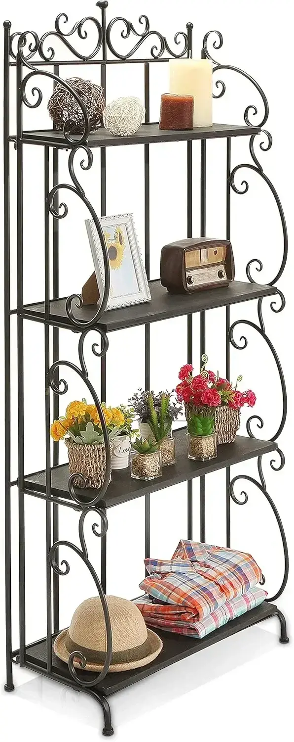 Black Metal Freestanding Shelf Rack with Metal Scrollwork Frame, Decorative Bakers Rack Bookshelf Storage Shelf Unit