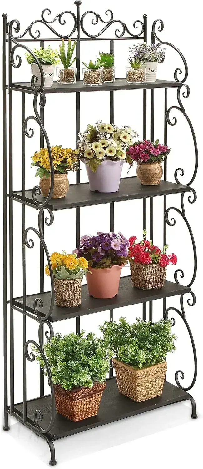 Black Metal Freestanding Shelf Rack with Metal Scrollwork Frame, Decorative Bakers Rack Bookshelf Storage Shelf Unit